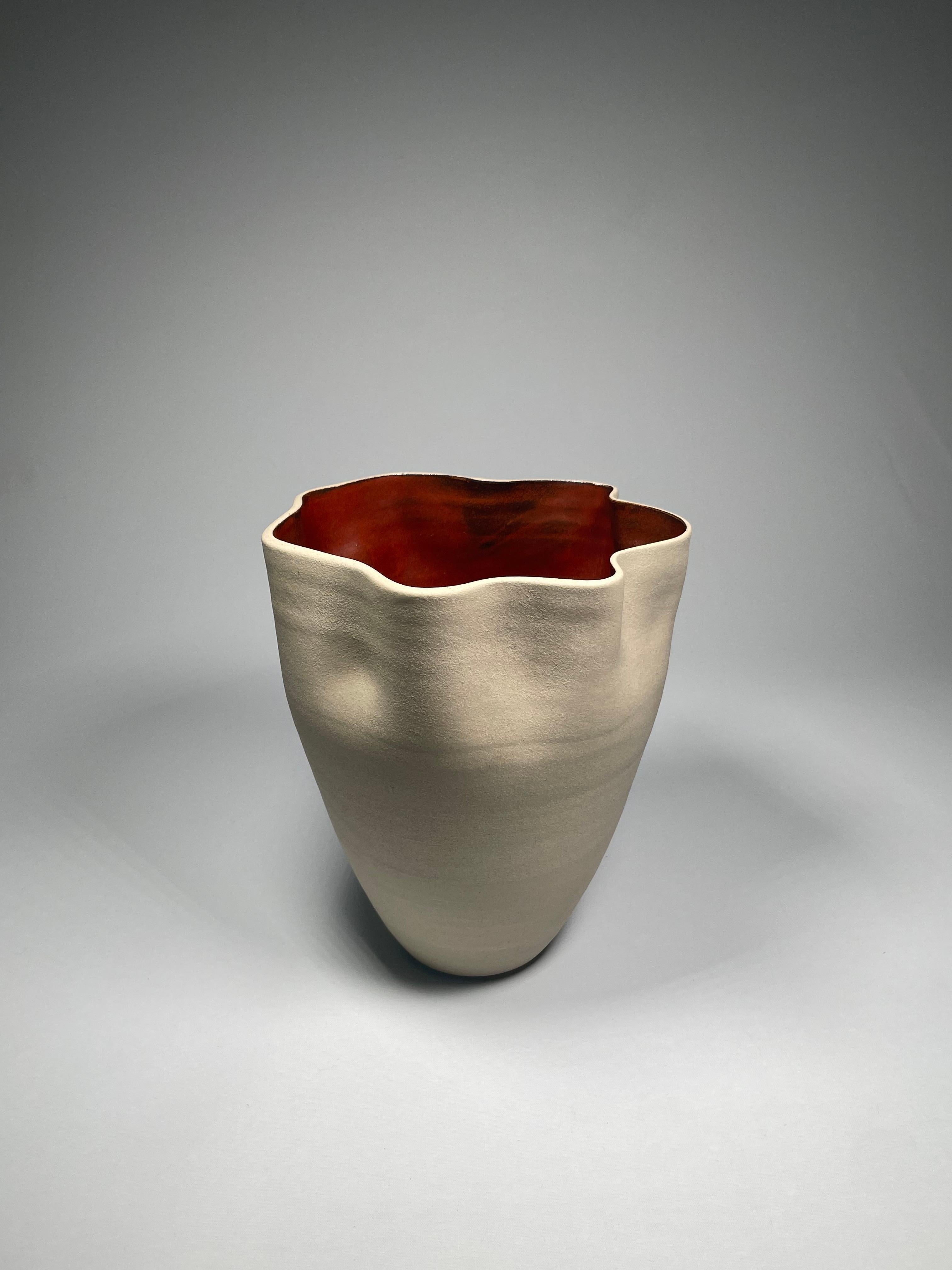 Contemporary Ceramic Natural & Red Glazed Contoured Pottery Vase by FD21 Clay For Sale 1