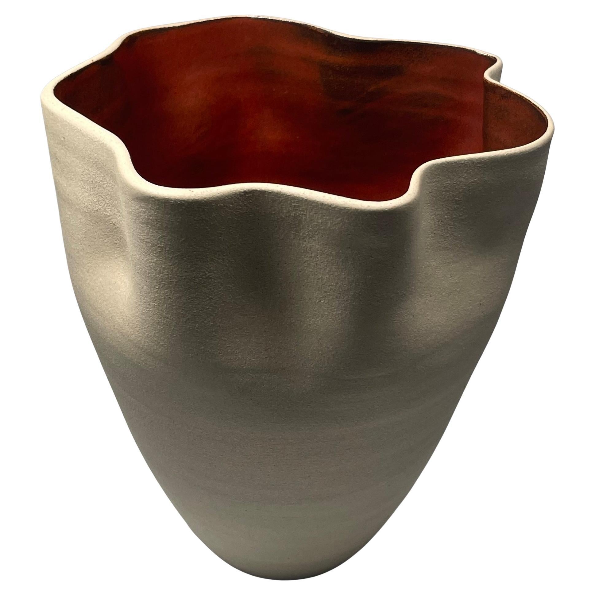 Contemporary Ceramic Natural & Red Glazed Contoured Pottery Vase by FD21 Clay