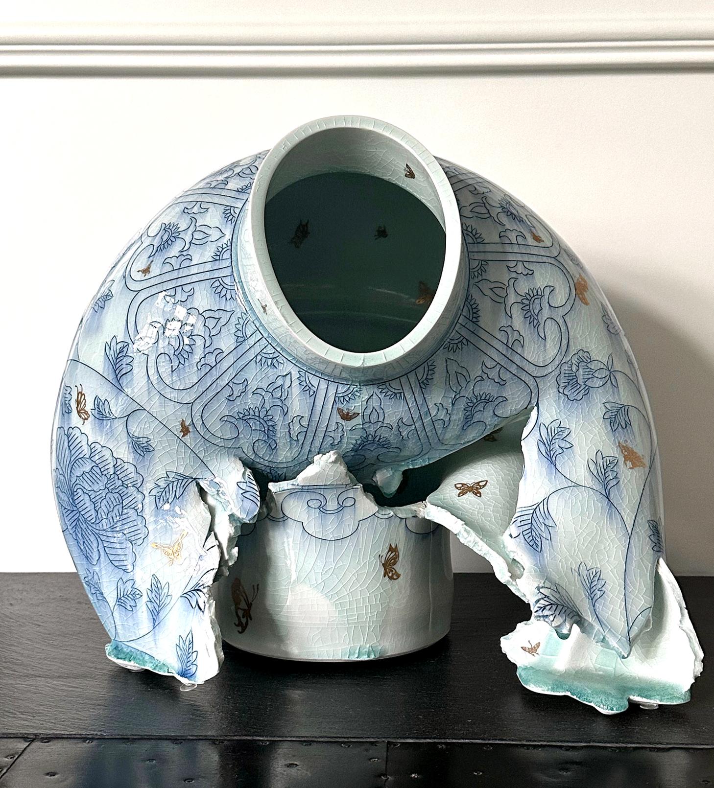 A bespoken ceramic sculpture made by American Korean artist Steven Young Lee (1975-) circa 2010s. Inspired by the antique blue and white porcelain jar from Joseon Dynasty, the piece was constructed in a perfect form before being deconstructed