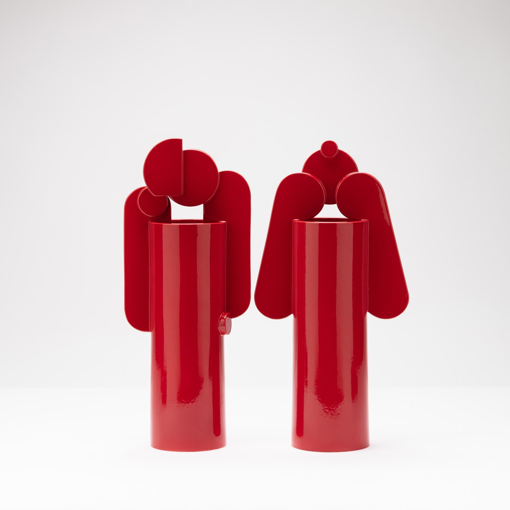 Contemporary Ceramic Set Duo Vases Red Glossy glazed CUORECARPENITO ME∞TE For Sale 3