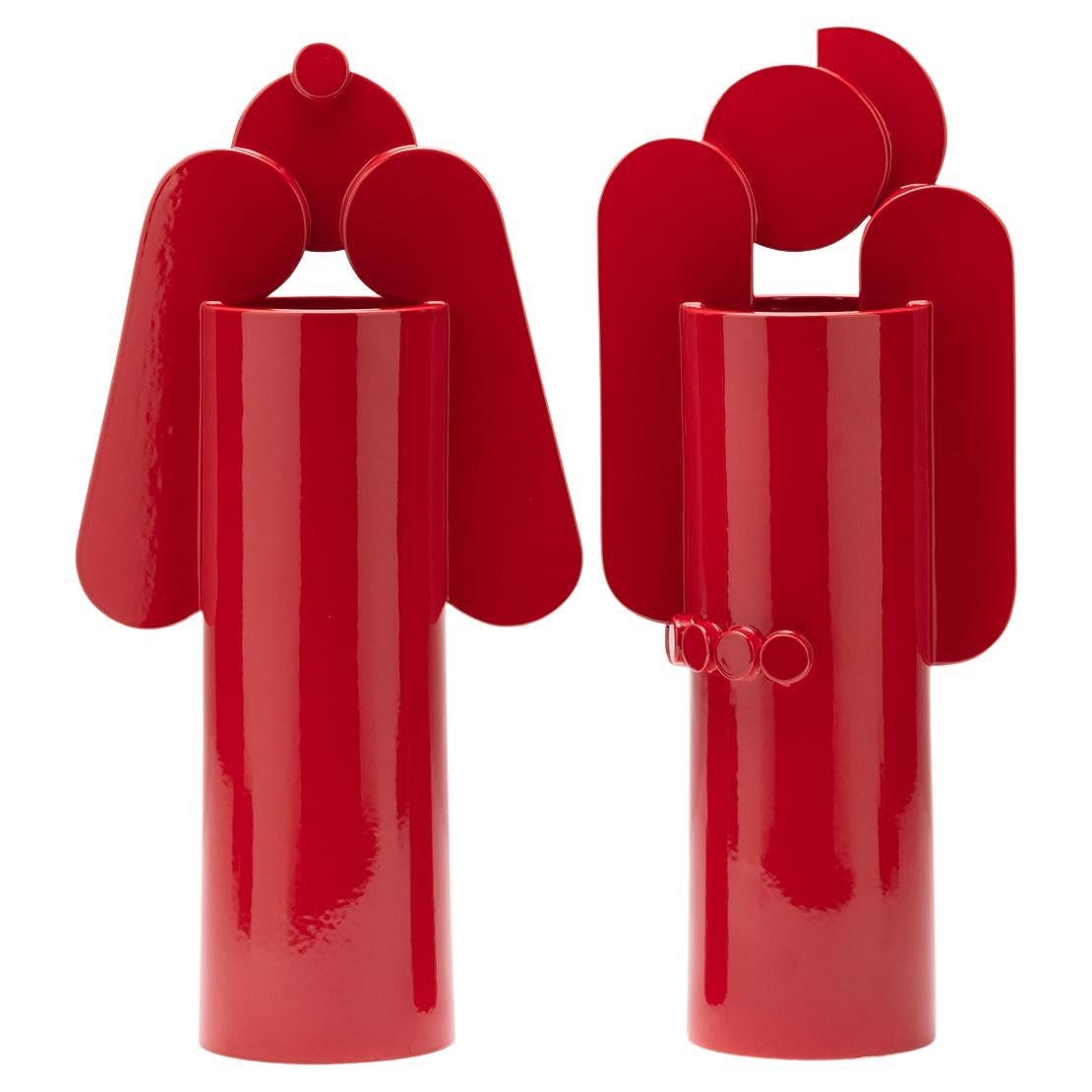 Contemporary Ceramic Set Duo Vases Red Glossy glazed CUORECARPENITO ME∞TE