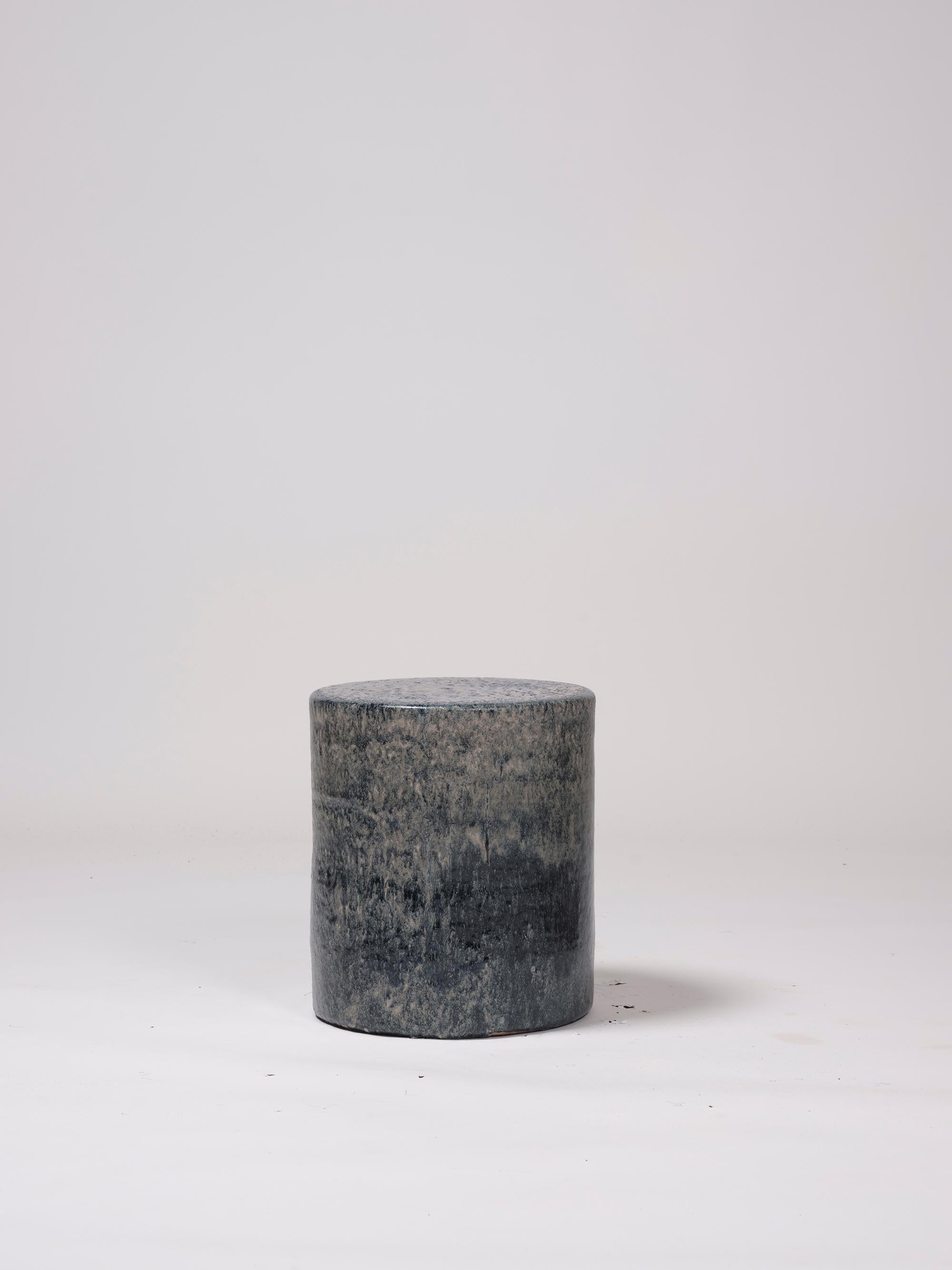 Spanish Contemporary Ceramic Side Table Column Stool Glazed Stoneware Cobalt Blue