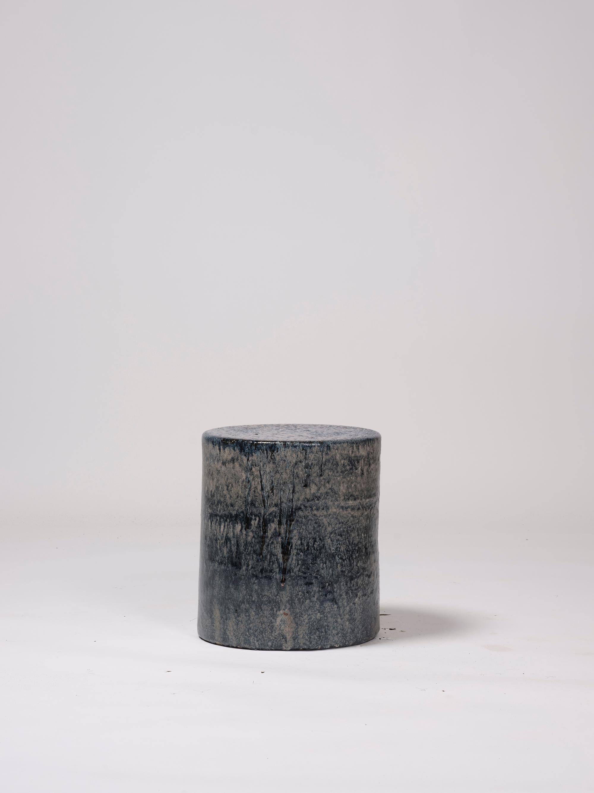 Enameled Contemporary Ceramic Side Table Column Stool Glazed Stoneware Cobalt Blue