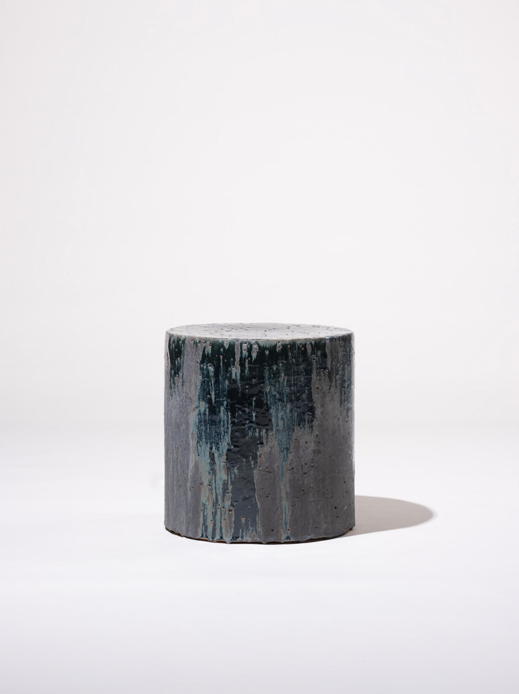 Spanish Contemporary Ceramic Side Table Stool Glazed Stoneware Dark Gray Green Vulcano