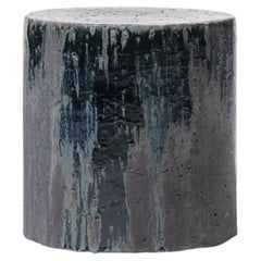 Contemporary Ceramic Side Table Stool Glazed Stoneware Dark Gray Green Vulcano