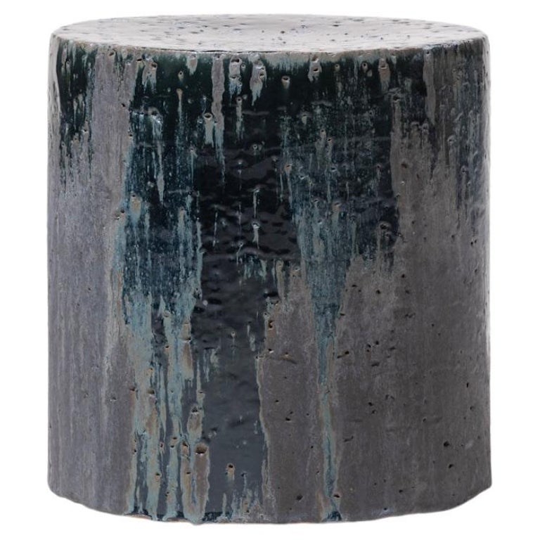 Contemporary Ceramic Side Table Stool Glazed Stoneware Dark Grey Green