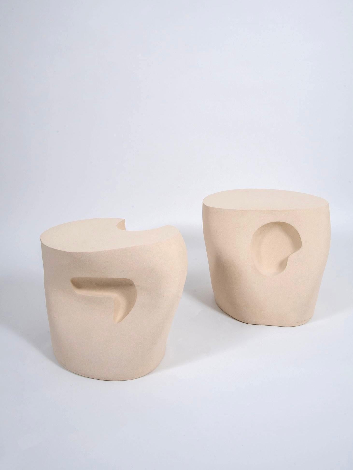 Ceramic side tables by Manon Oller.
Material: White stoneware.
Dimensions: H 48 x ø 59 cm.
Year: 2022.
Unique pieces handmade in France, bespoke size and material upon request.

These side tables take their inspiration from Mediterranean