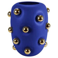 Contemporary Ceramic Vase, organische Form Blu 24Kt Gold Spheres Handmade, Italien