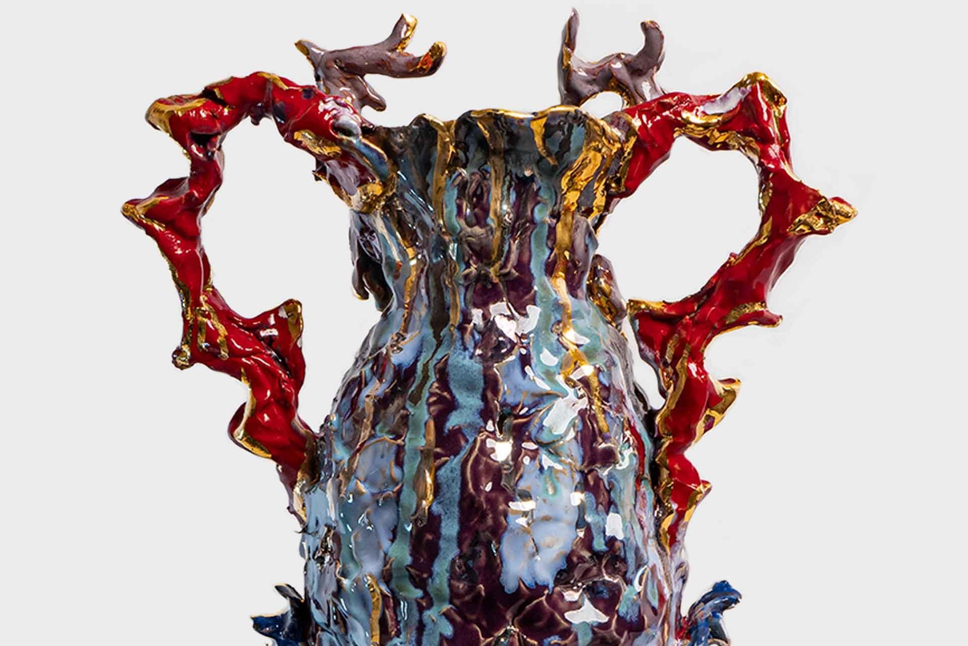 Ceramic vase model “Purple Serenade”
From “Scary Pots” series 
Manufactured by Faye Hadfield 
UK, 2022 
Stoneware ceramic, 24k gold lustre, platinum lustre, blue lustre

The series “Scary Pots”, was born from a desire to push boundaries and