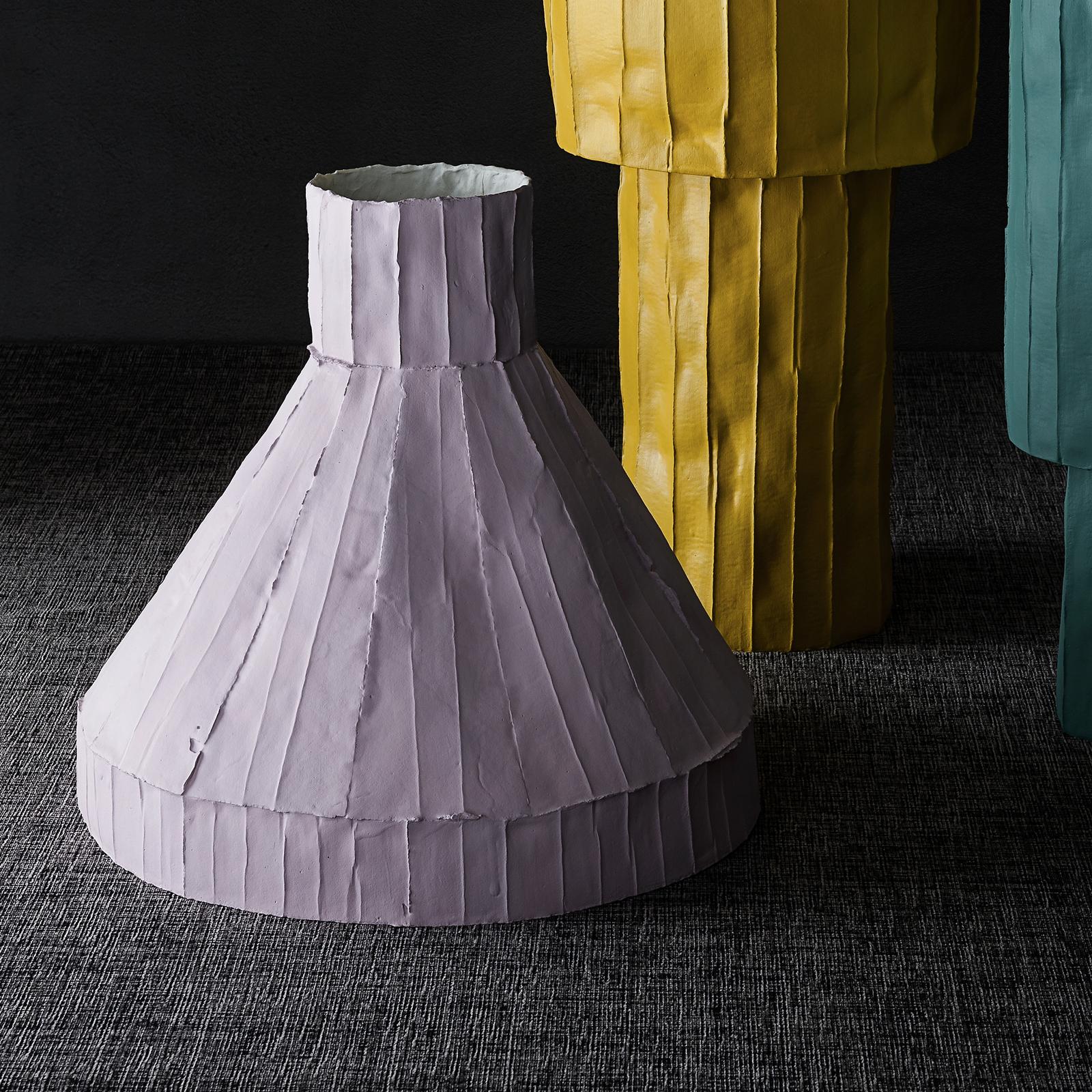 Modern Contemporary Ceramic Vulcano Corteccia Texture Lilac Low Vase For Sale