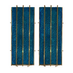 Contemporary Cerulean Blue Murano Glass Sconces with Brass Baguette Details