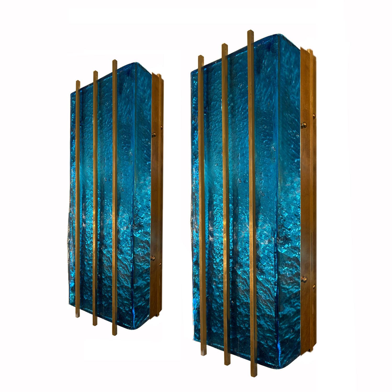 Brutalist Contemporary Cerulean Blue Murano Glass Sconces with Brass Baguette Details For Sale
