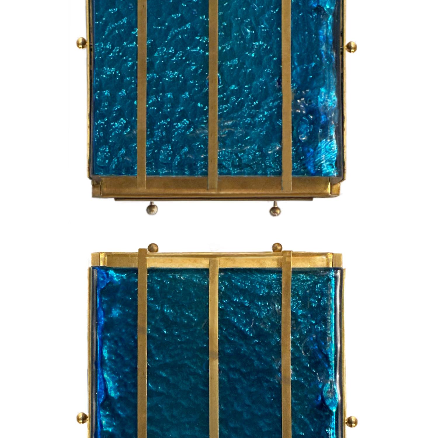 Italian Contemporary Cerulean Blue Murano Glass Sconces with Brass Baguette Details For Sale