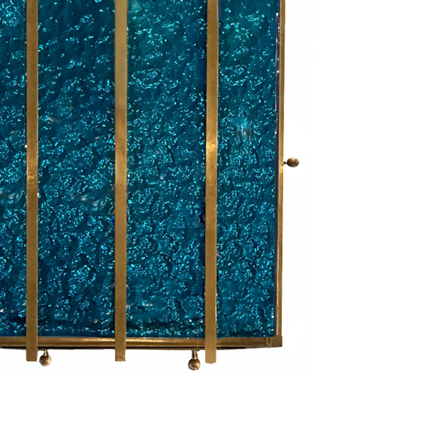Hand-Crafted Contemporary Cerulean Blue Murano Glass Sconces with Brass Baguette Details For Sale