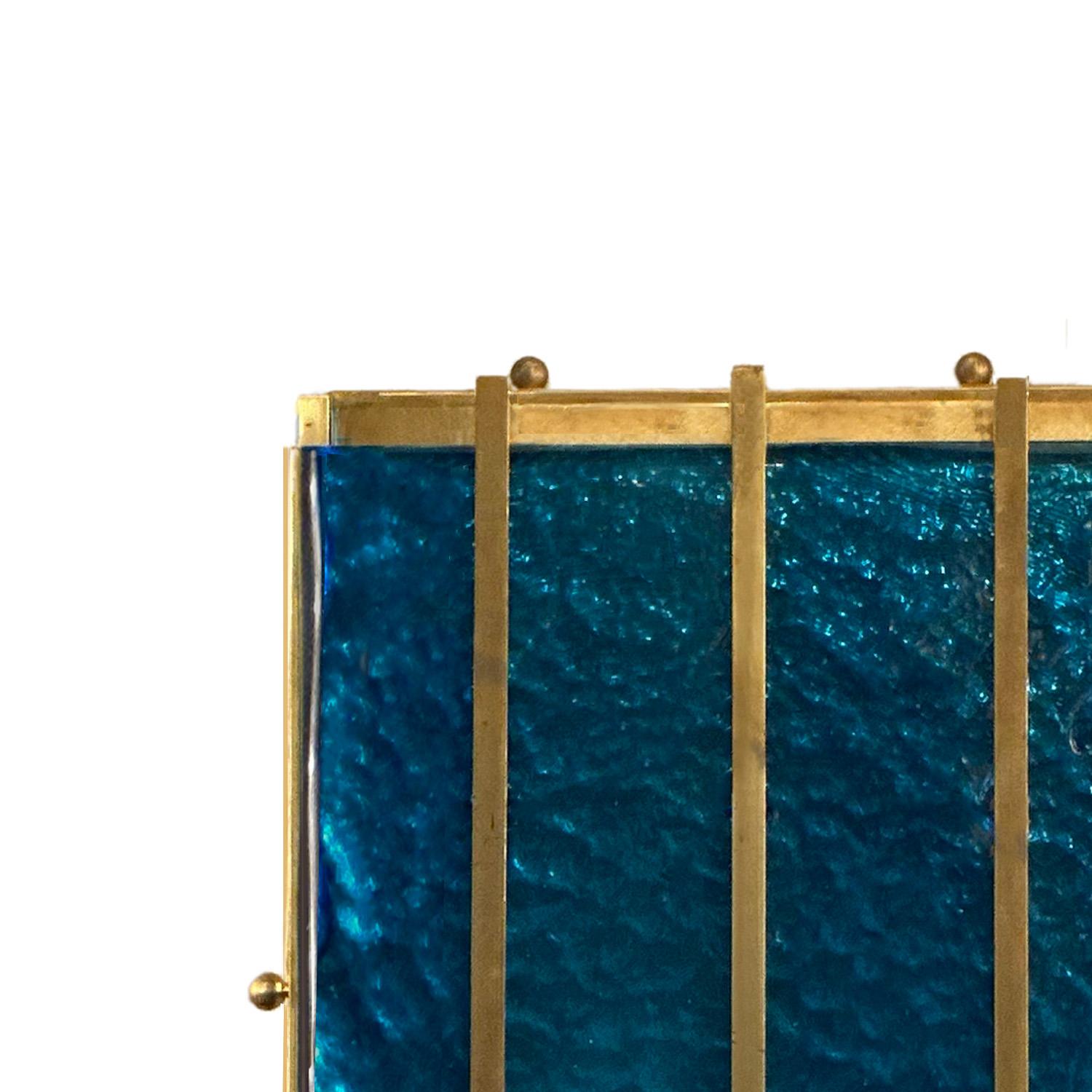 Contemporary Cerulean Blue Murano Glass Sconces with Brass Baguette Details In Good Condition For Sale In New York, NY