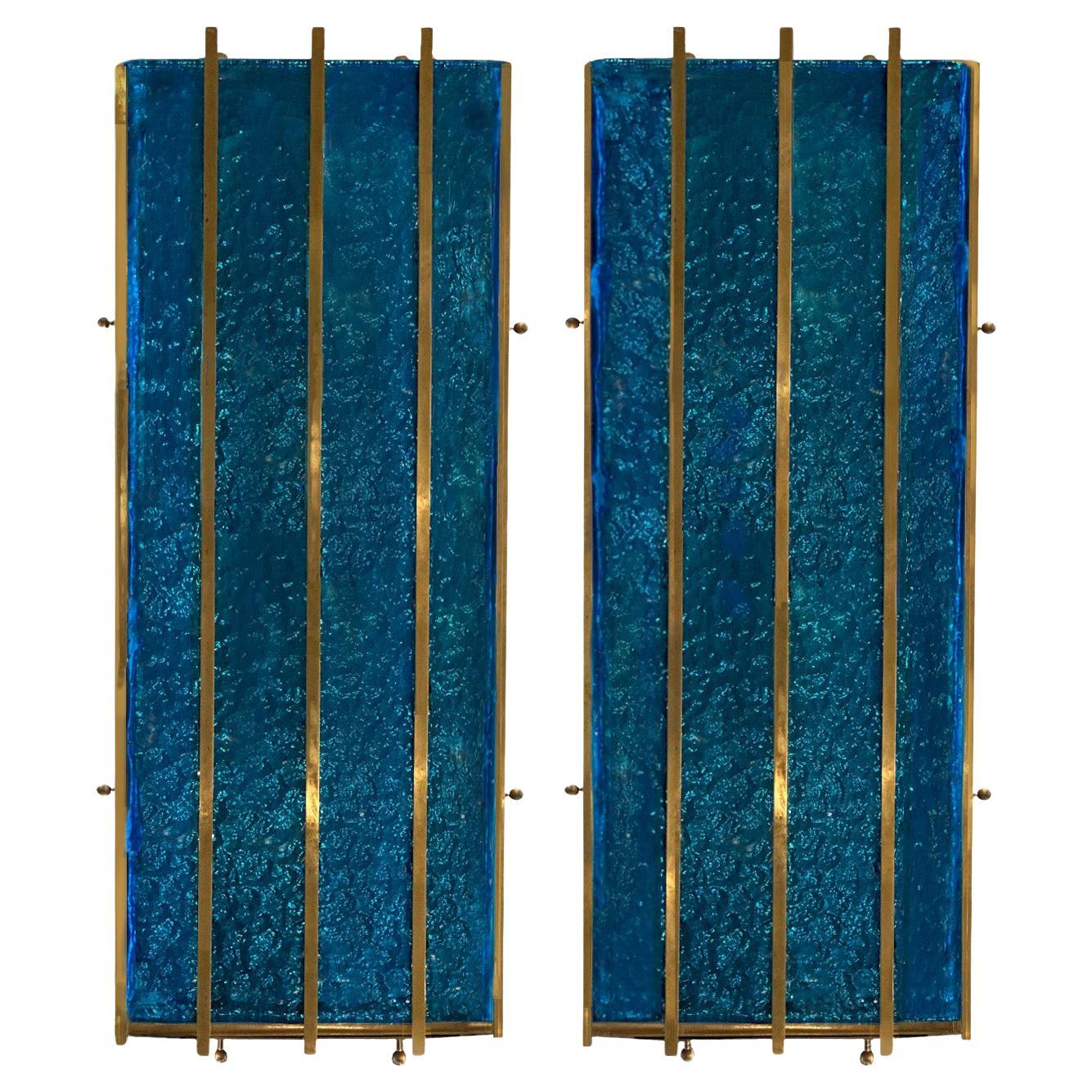 Contemporary Cerulean Blue Murano Glass Sconces with Brass Baguette Details For Sale