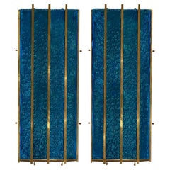 Contemporary Cerulean Blue Murano Glass Sconces with Brass Baguette Details