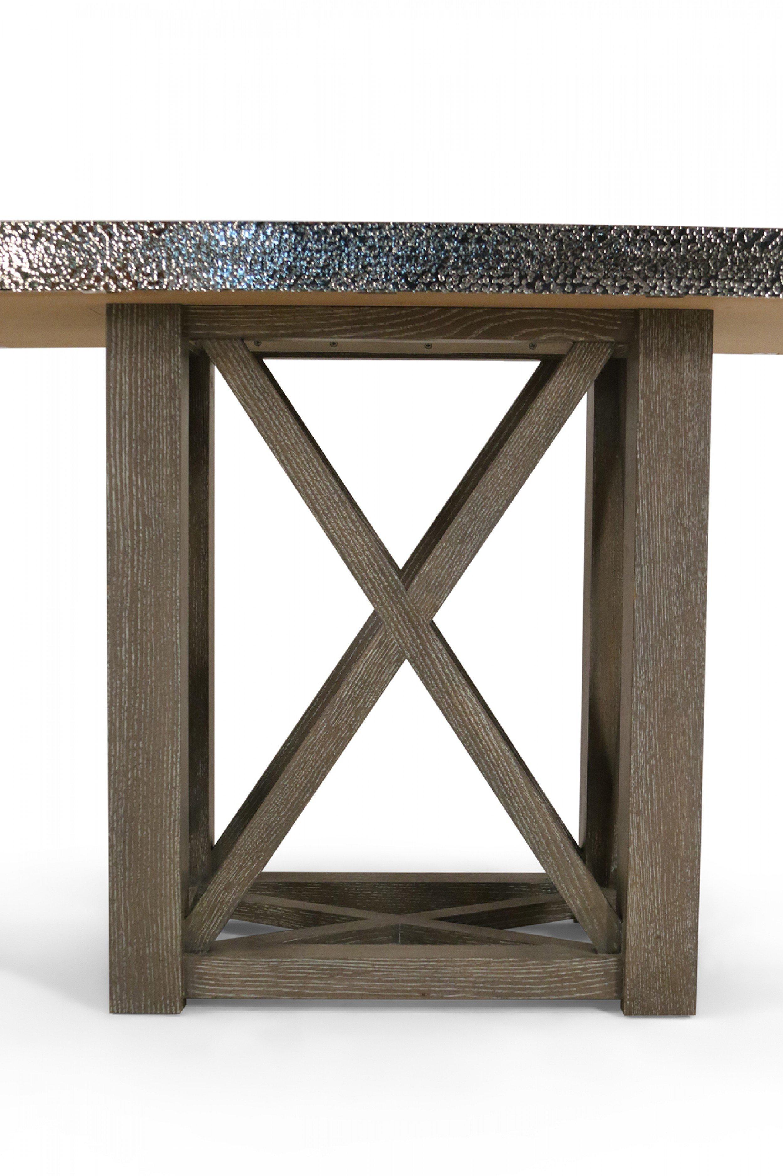 American Contemporary Cerused Wood and Hammered Silver Metal Dining Table