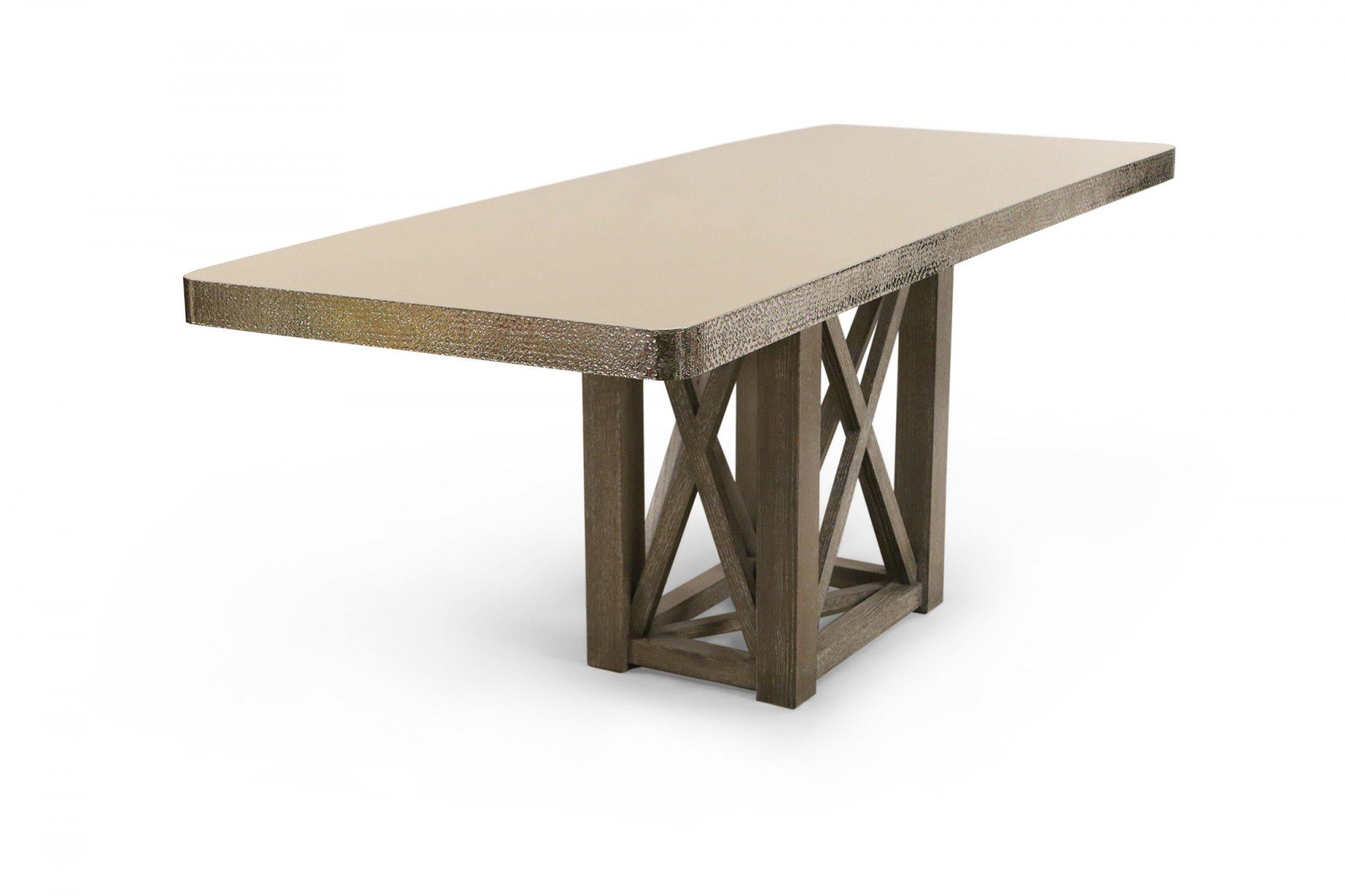 20th Century Contemporary Cerused Wood and Hammered Silver Metal Dining Table