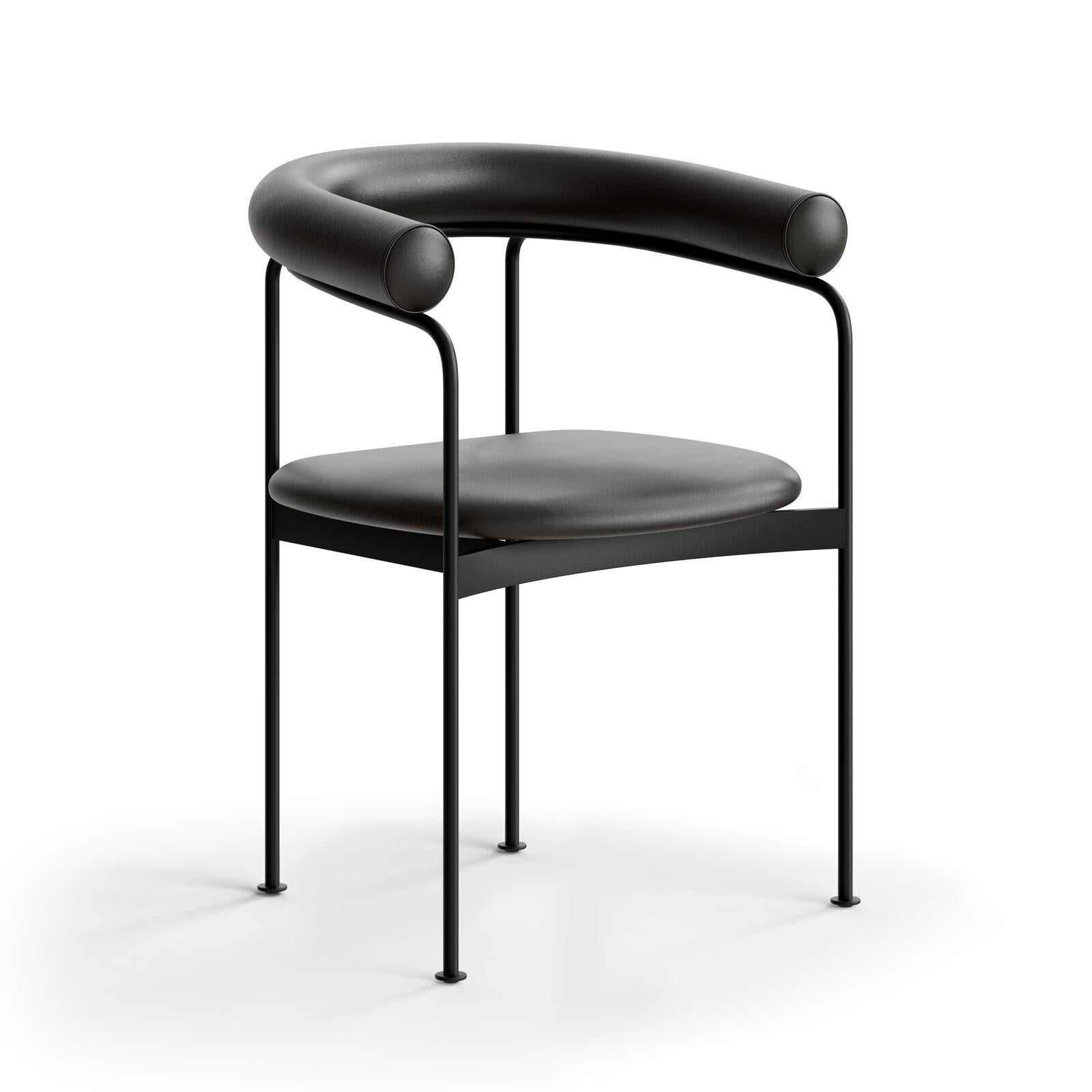 BAIA dining chair
Steel frame, wooden or upholstered backrest

Model shown on main image:
Frame: powder coated steel, black
Backrest: leather
Fabric: Pelle black

Dimensions: 
H.74 x 58 x 50 cm / Seat height: 46 cm
H.29,13 x 22,83 x 19,69