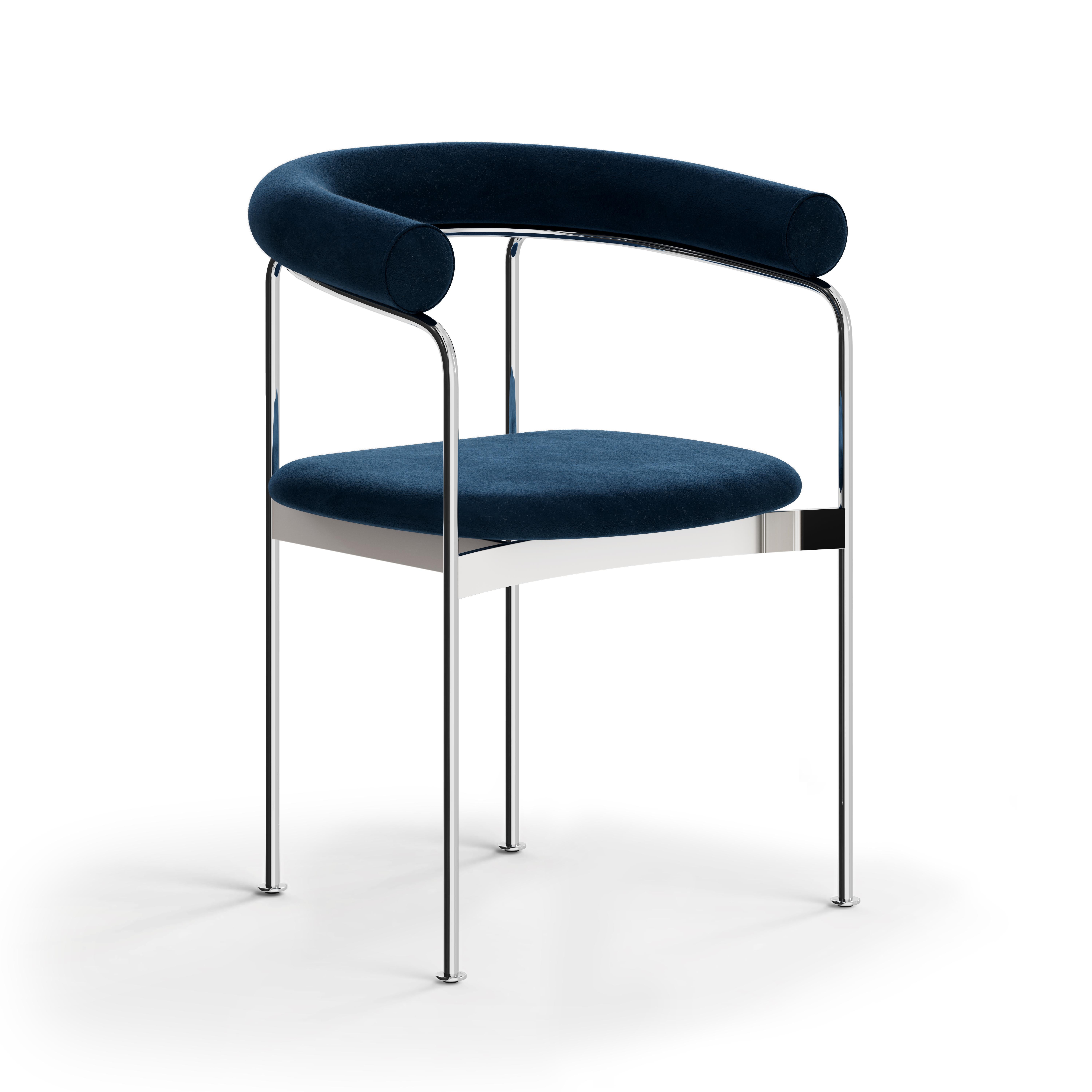 BAIA dining chair
Steel frame, wooden or upholstered backrest

Model shown on main image:
Frame: Chrome
Backrest: Fabric
Fabric: Alpaca 1108

Dimensions: 
H.74 x 58 x 50 cm / Seat height: 46 cm
H.29,13 x 22,83 x 19,69
