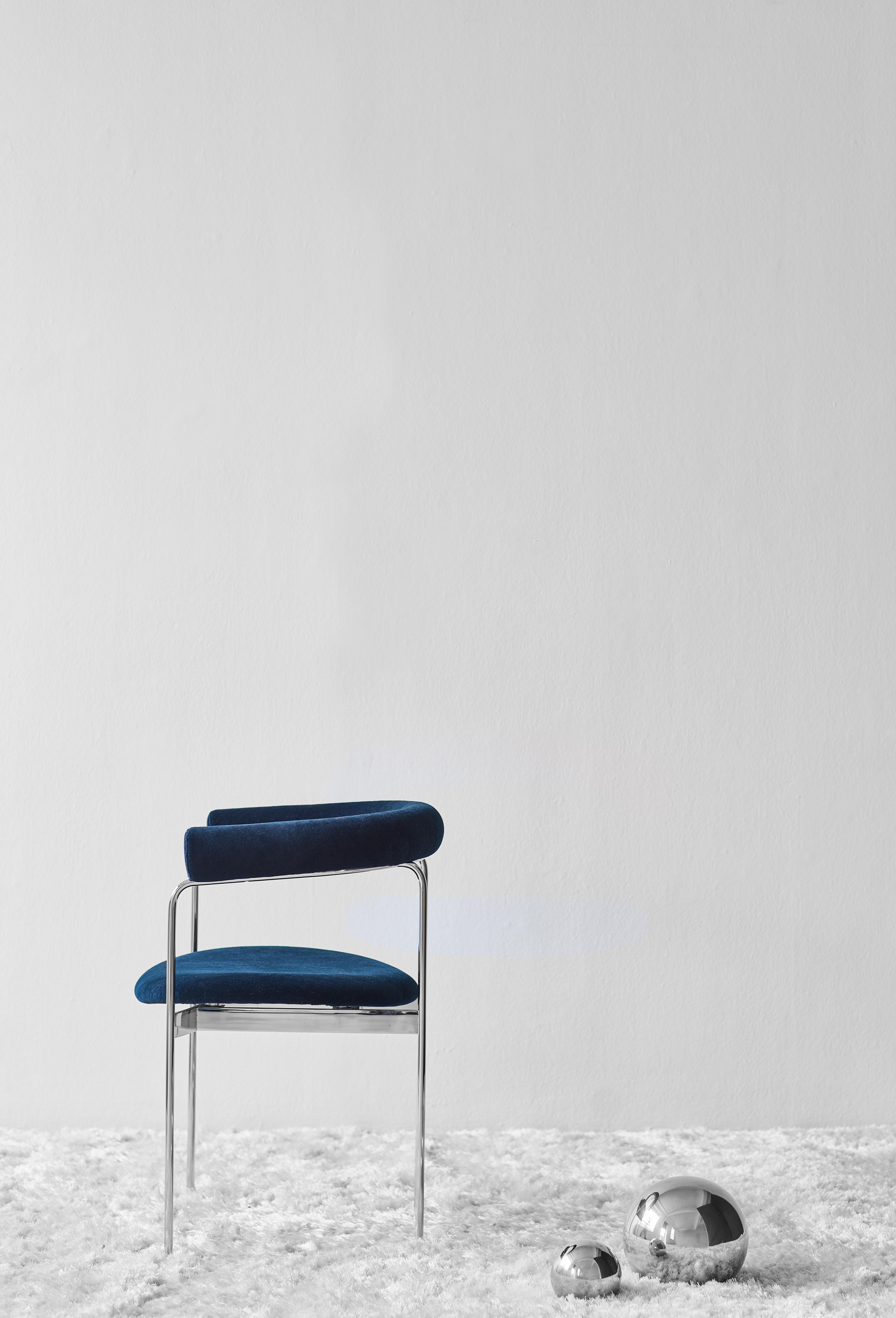 Steel Contemporary Chair 'BAIA' by Kensaku Oshiro x DK3, Chrome Frame, Blue Fabric For Sale