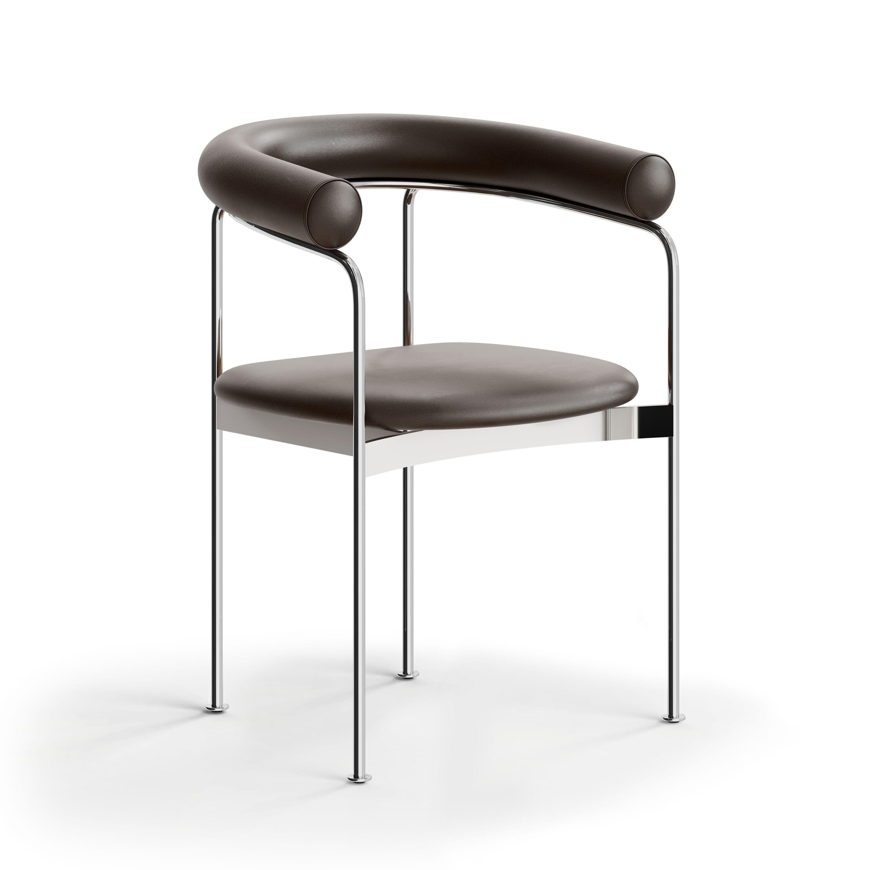 BAIA dining chair
Steel frame, wooden or upholstered backrest

Model shown on main image:
Frame: Chrome
Backrest: Leather
Fabric: Brown Pelle leather

Dimensions: 
H.74 x 58 x 50 cm / Seat height: 46 cm
H.29,13 x 22,83 x 19,69