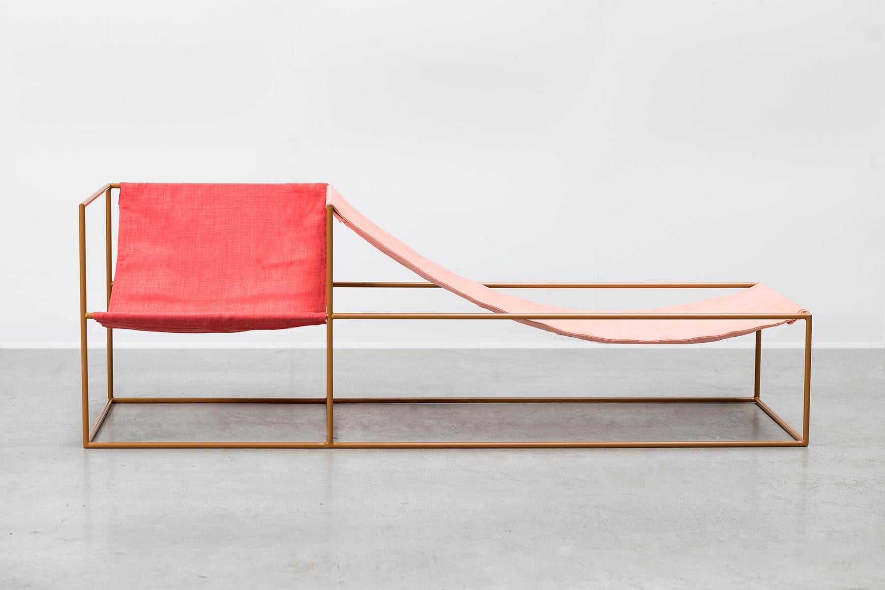 Duo Set Contemporary Seating
by Muller Van severen

Model: laquered steel mustard + frame red seat left + pink seat right
Dimensions: H. 61 cm x 182 cm x 62 cm

Unlike a massive sofa that sheaths a part of the interior, the duo seat ensures