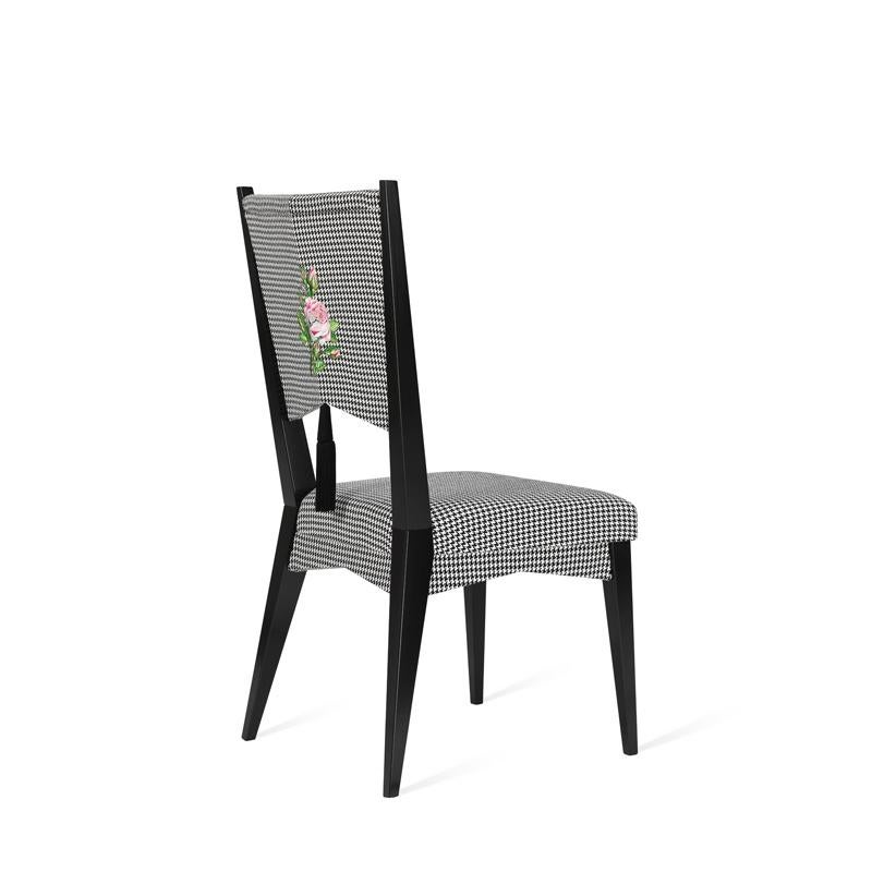 Italian Contemporary Chair in Black and White Dedar Fabric Embroidered with Rose For Sale