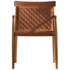 Contemporary Chair in Natural Solid Wood, Upholstered Leather, with Arms