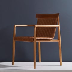 Contemporary Chair in Natural Solid Wood, Upholstered Leather, with Arms