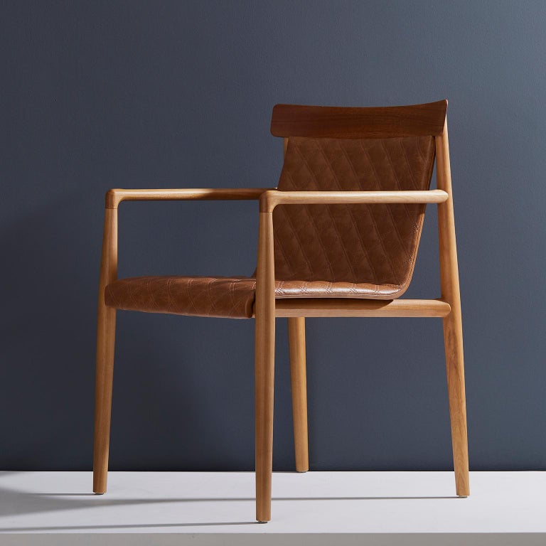 Contemporary Chair in Natural Solid Wood, Upholstered Leather, with