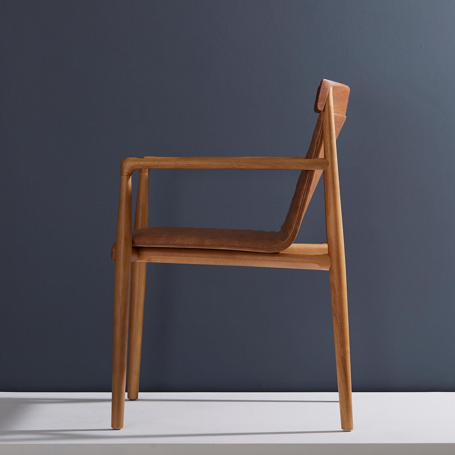 Brazilian Contemporary Chair in Natural Solid Wood, Upholstered Leather, with Arms For Sale