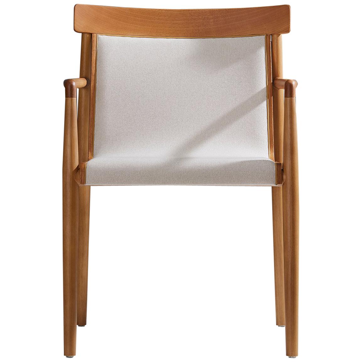 Contemporary Chair in Natural Solid Wood, Upholstered, Natural Wood Back, Arms