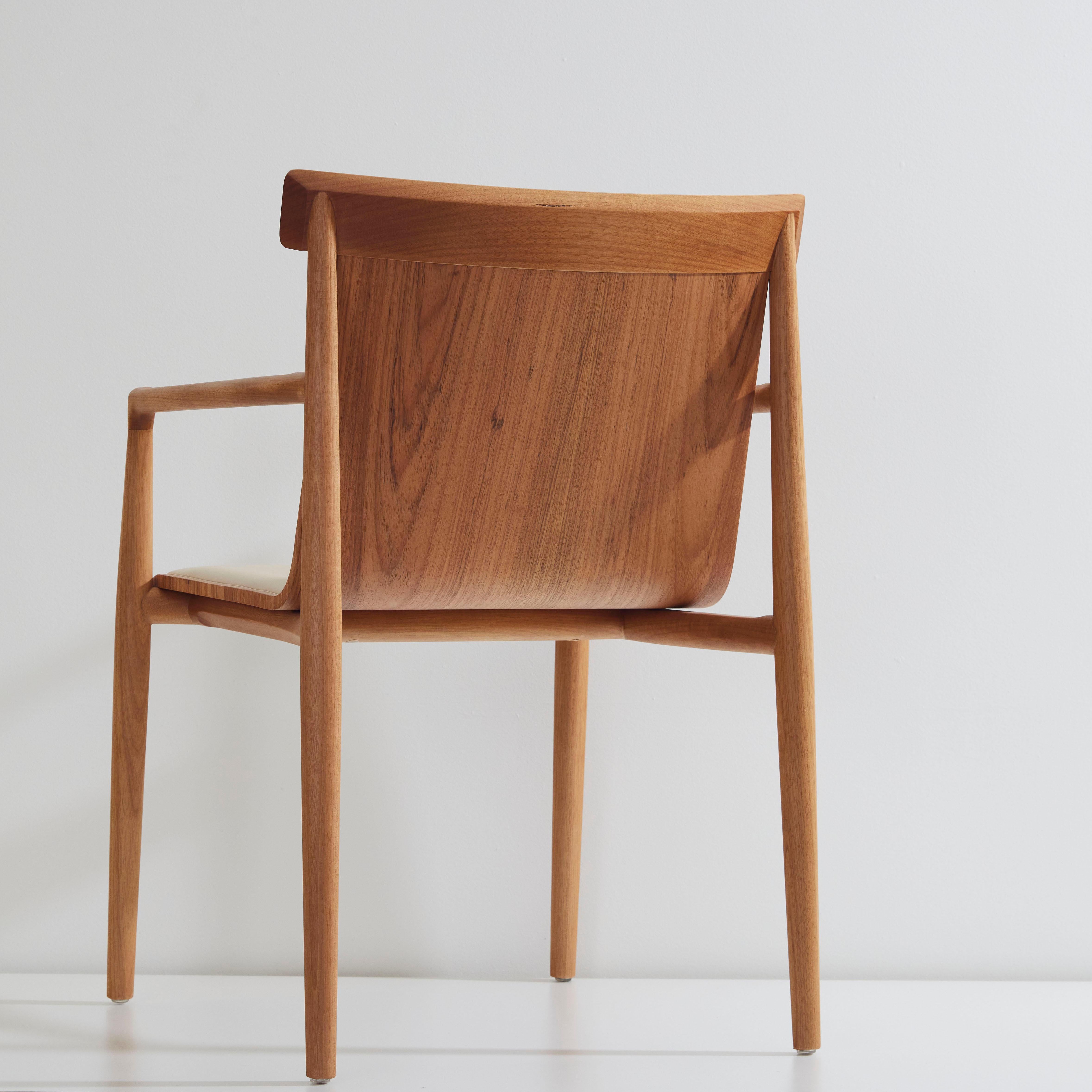 Modern Contemporary Chair in Solid Wood, Upholstered in Leather or Textiles with Arms For Sale