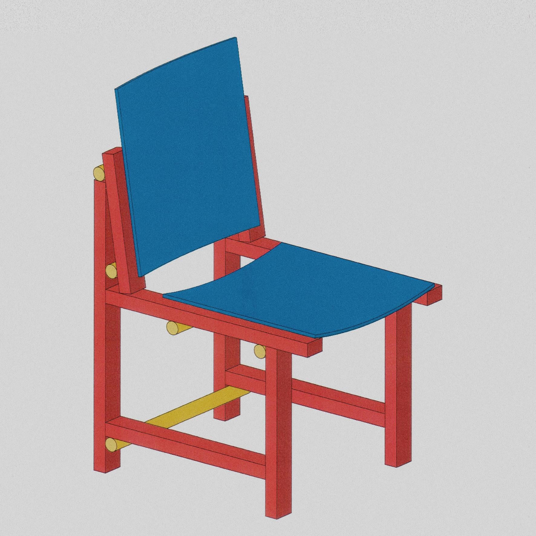 Chaise contemporaine moderne en bois rouge, bleu et jaune par Marc Morro  en vente 2
