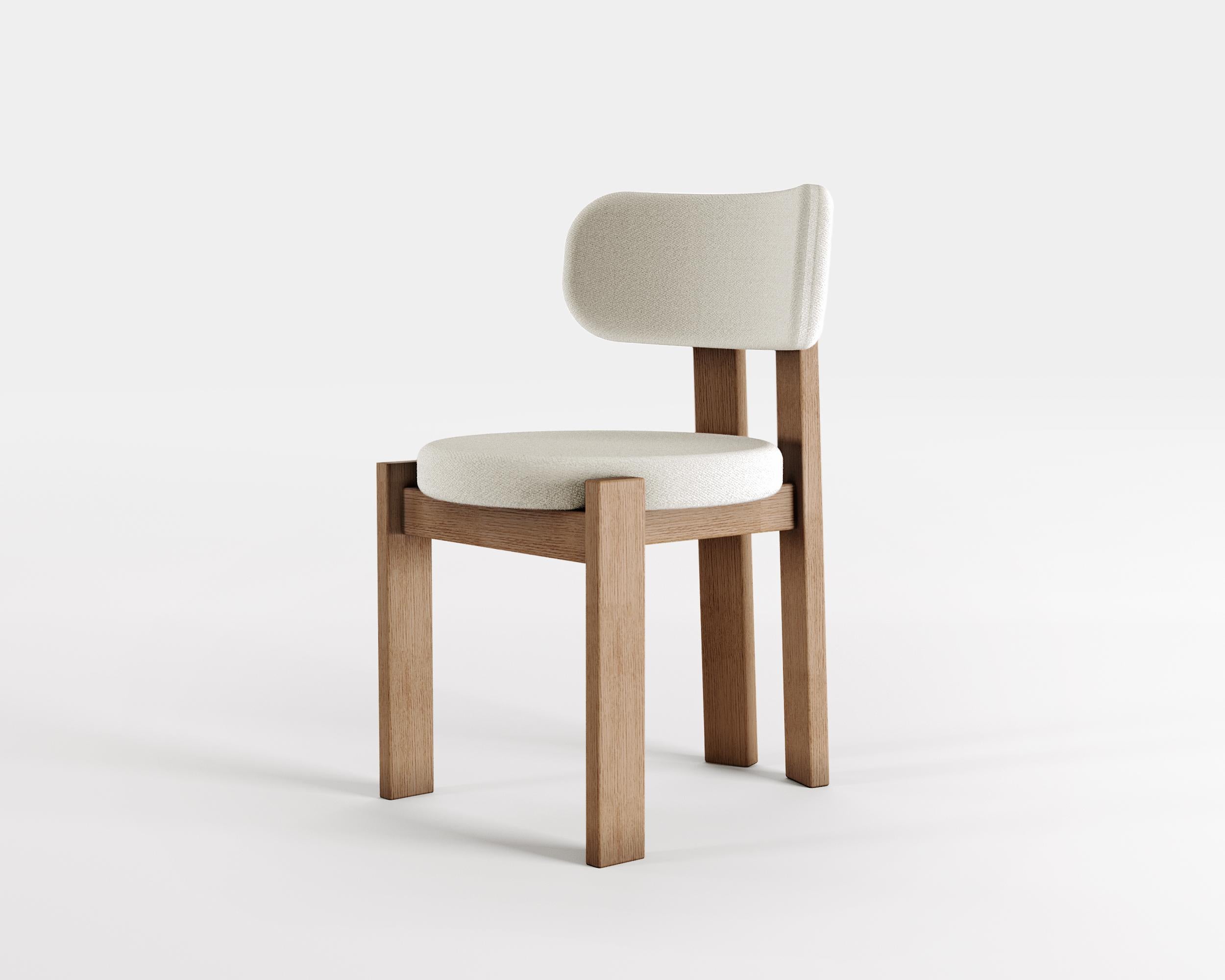 TR Dining Chair by Fora Projects 
Designed by Theresa Rand

Material: Solid oak

Model shown: medium oak / fabric: Kvadrat, Vidar 4 col.1511
Different fabrics available

Dimensions:

H. 78 x L. 54 x W. 49 cm / Seat 45 cm

_______________

The TR