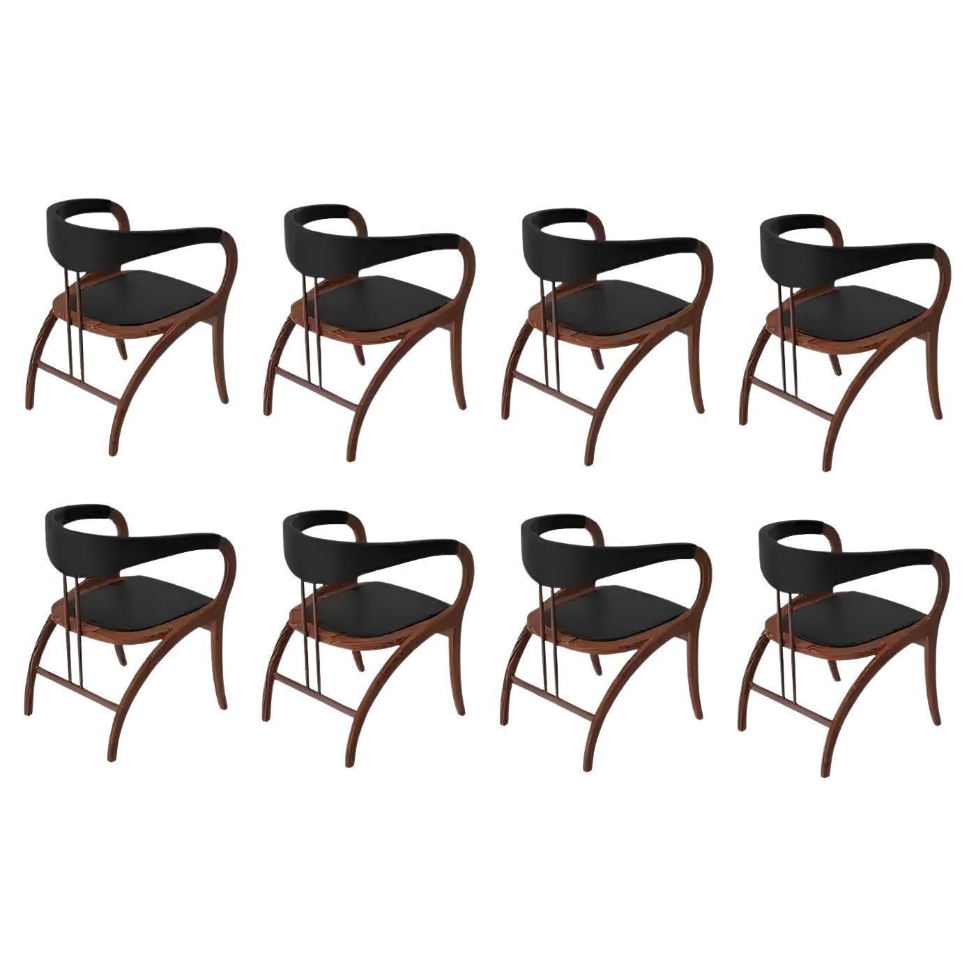 Silla contemporánea, color nogal/piel sintética negra, lote de 8