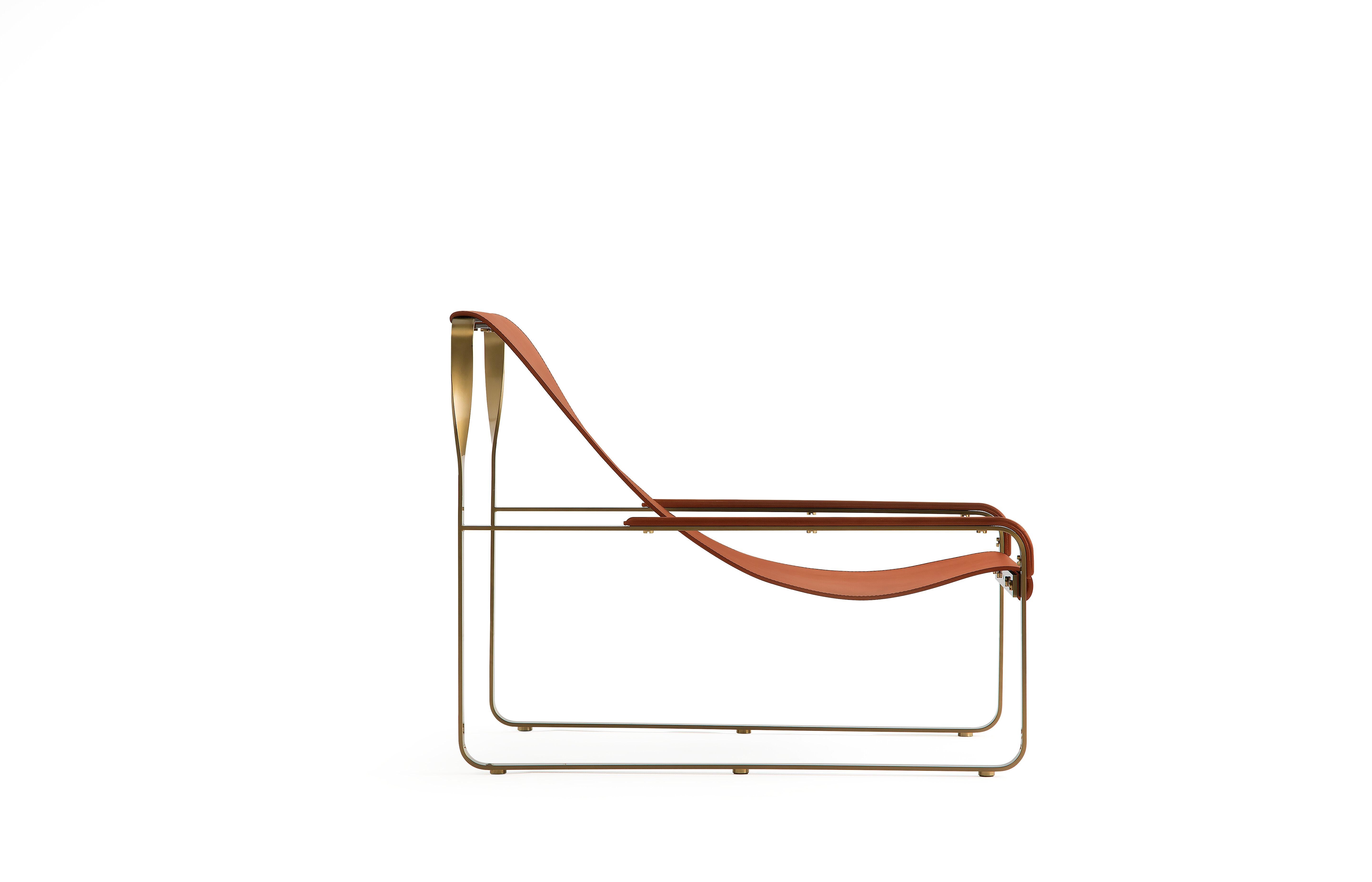 Modern Timeless Contemporary Chaise Lounge Aged Brass Steel & Natural Tobacco Leather For Sale