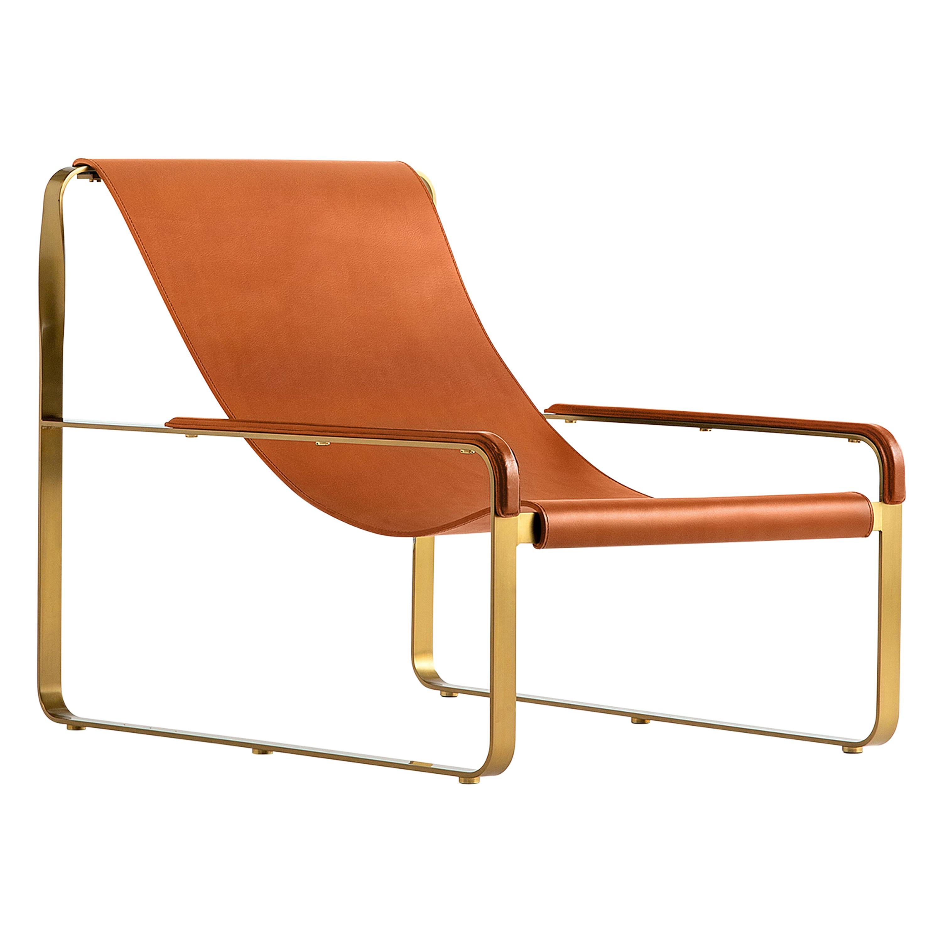Timeless Contemporary Chaise Lounge Aged Brass Steel & Natural Tobacco Leather
