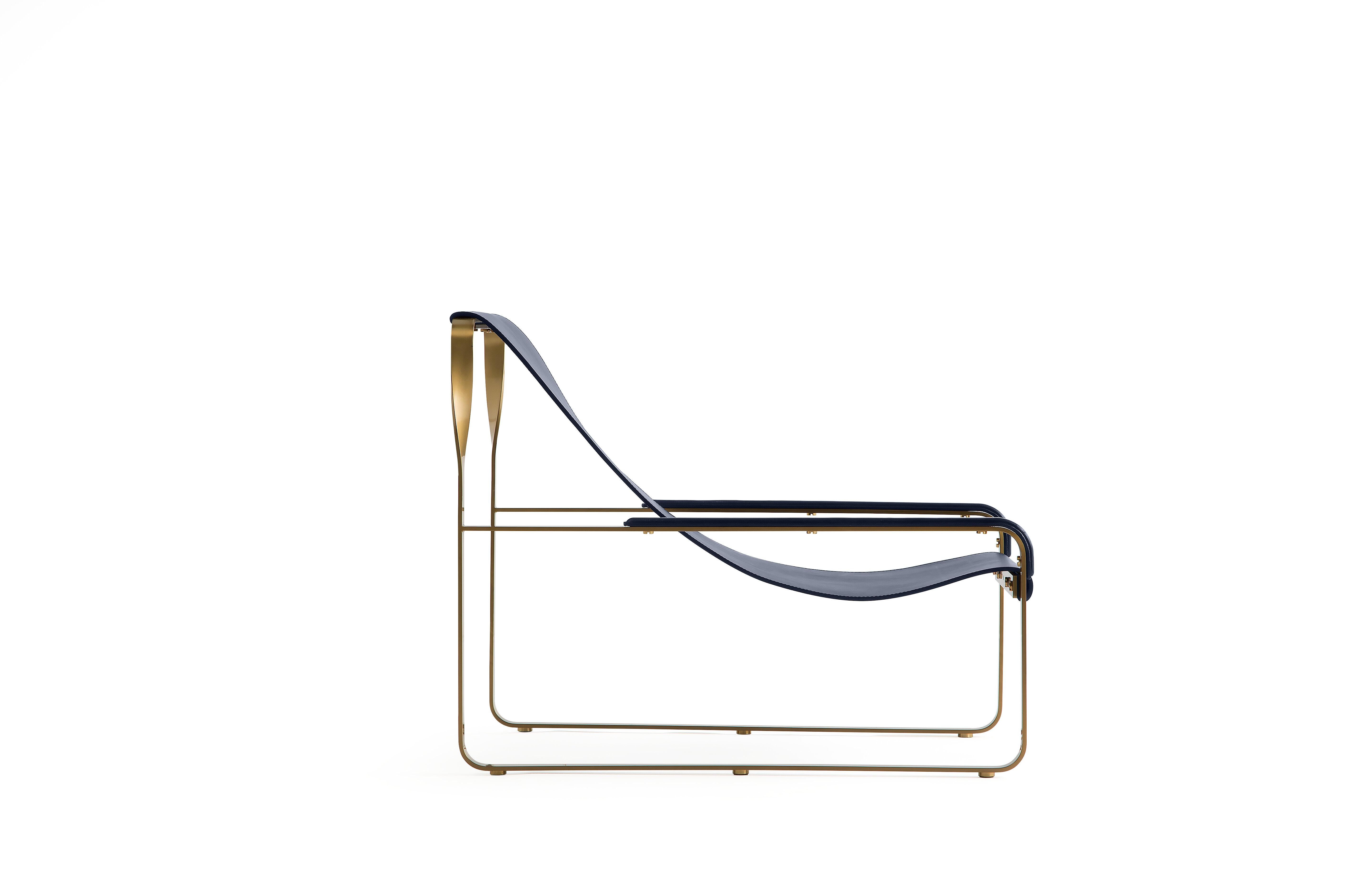 Polished Classic Contemporary Chaise Lounge Aged Brass Steel & Navy Blue Leather For Sale