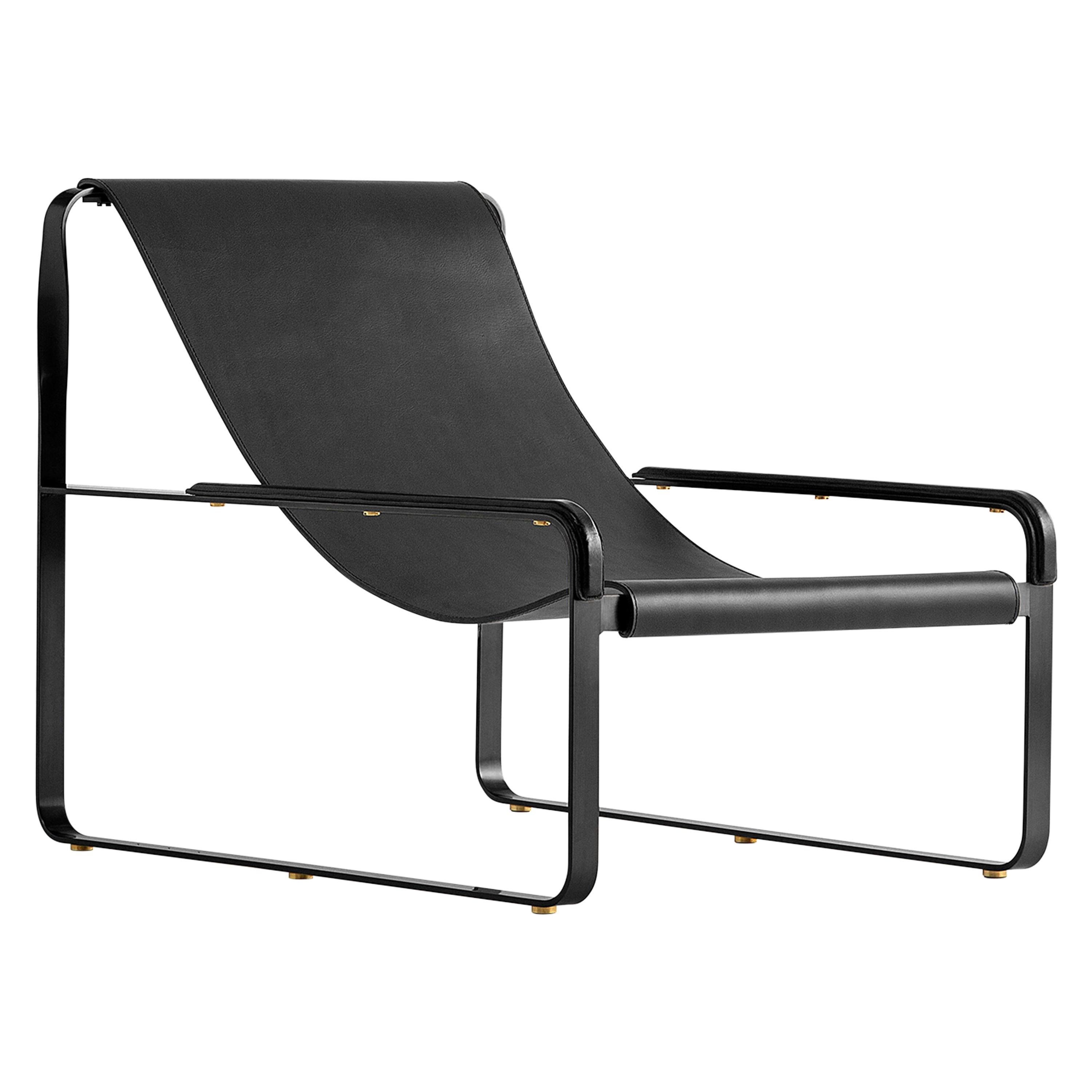 Classic Minimal Contemporary Chaise Lounge Black Smoke Metal & Black Leather For Sale