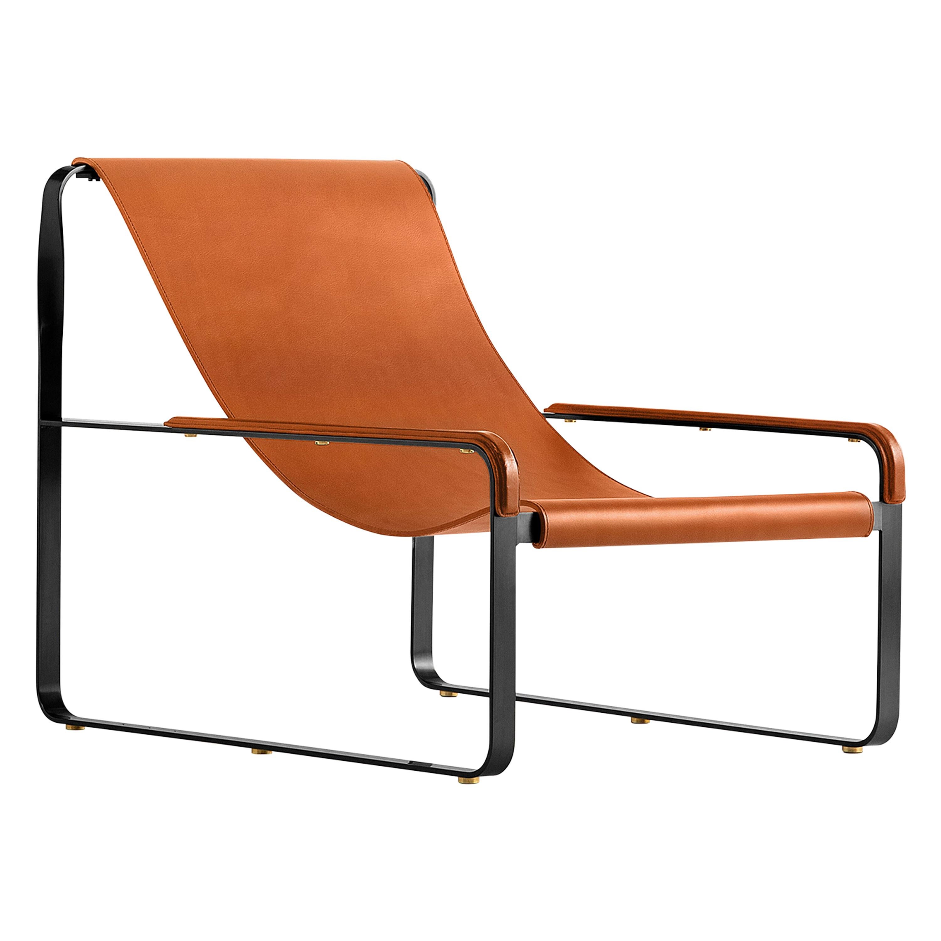 Zeitgenössisches minimalistisches Chaiselongue-Sessel aus schwarzem Stahl und natürlichem braunem Tabakleder