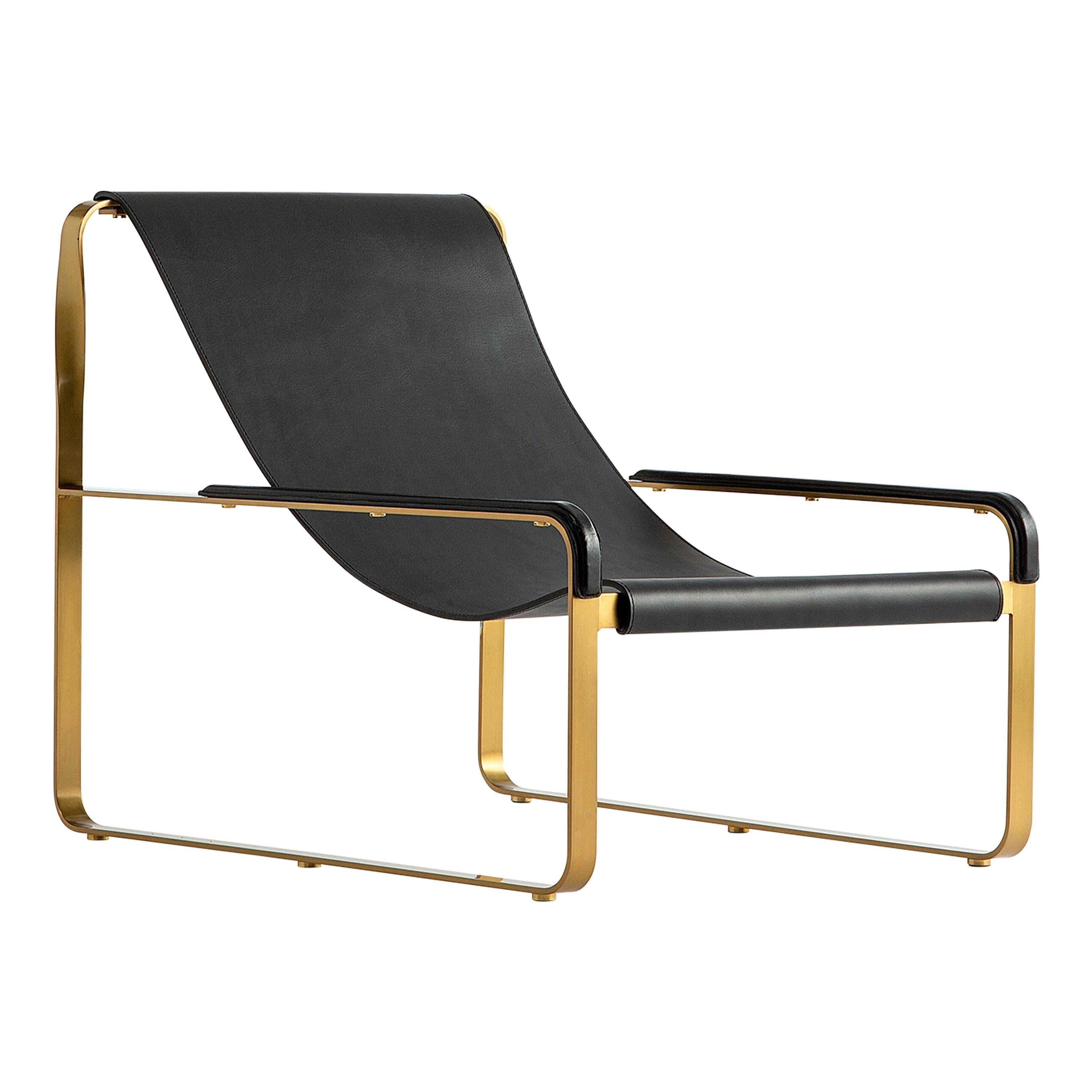 Classic Contemporary Artisan Handmade Chaise Lounge Brass Metal & Black Leather For Sale