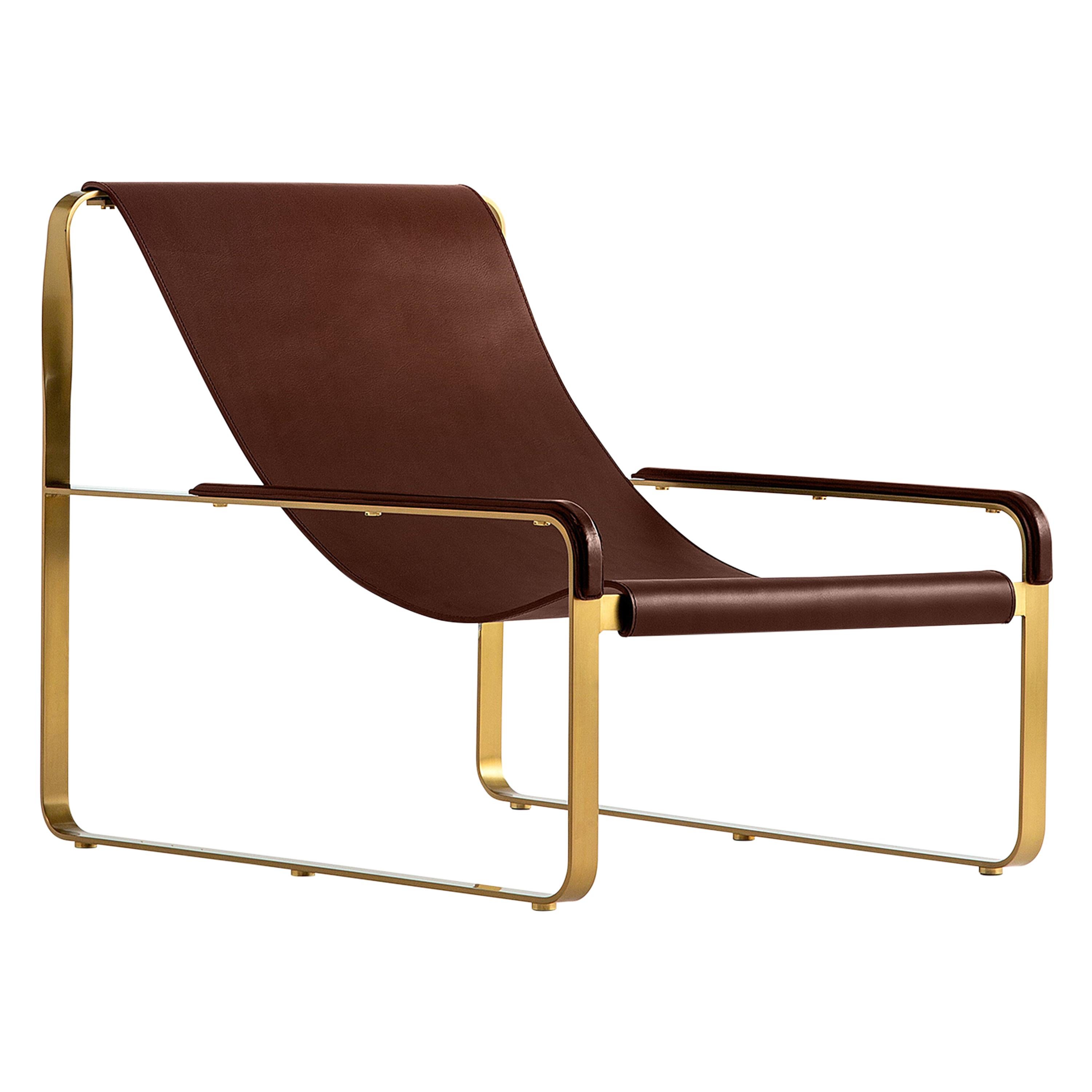 Timeless Classic Contemporary Chaise Lounge Aged Brass Steel Dark Brown Leather