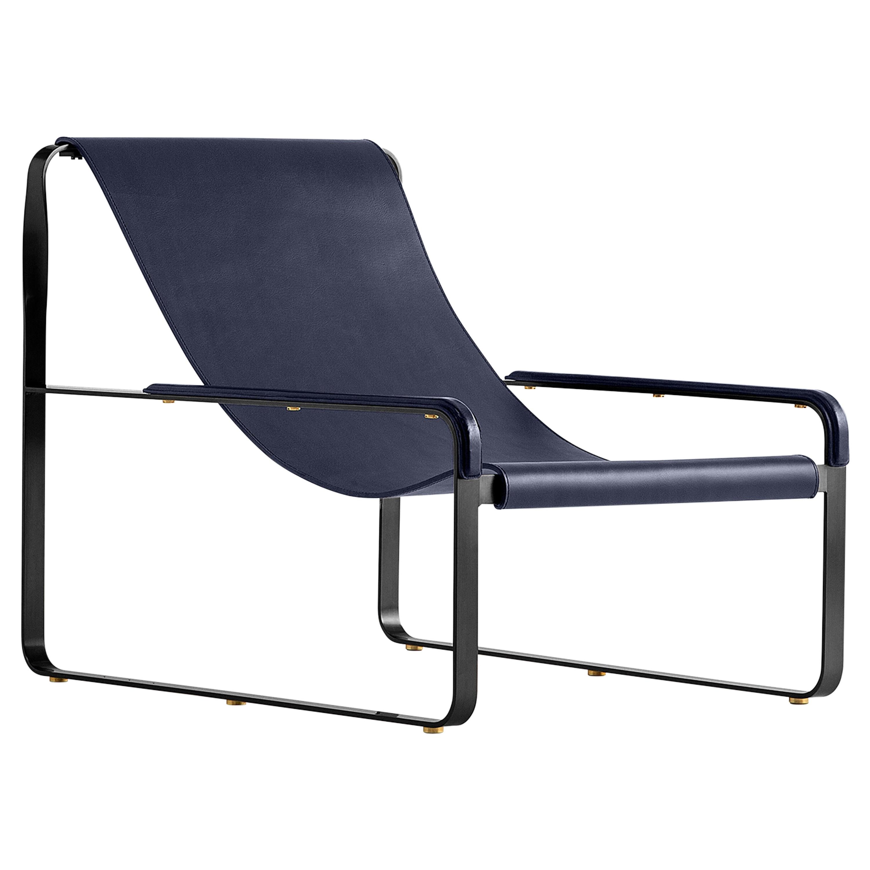 Contemporary Chaise Lounge, Black Steel and Blue Navy Saddle Leather