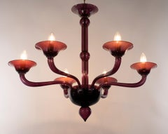 Contemporary Chandelier, 6 arms Aubergine Murano Glass by Multiforme