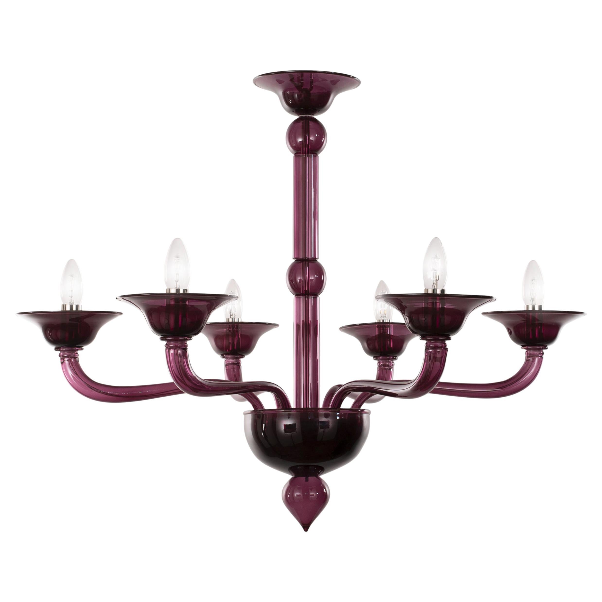 Contemporary Chandelier, 6 arms Aubergine Murano Glass by Multiforme