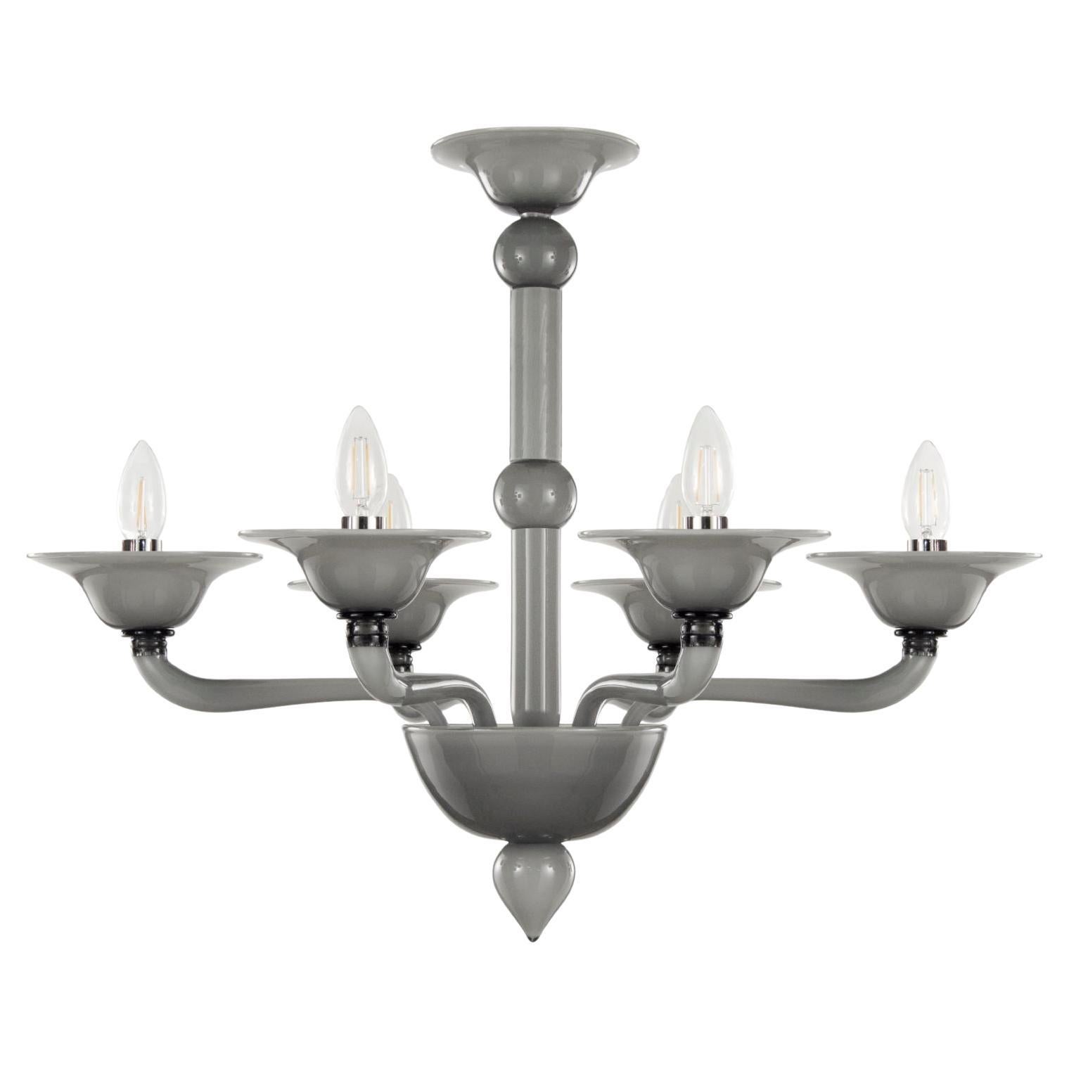 Contemporary Chandelier, 6 Arms Light Grey Encased Murano Glass by Multiforme