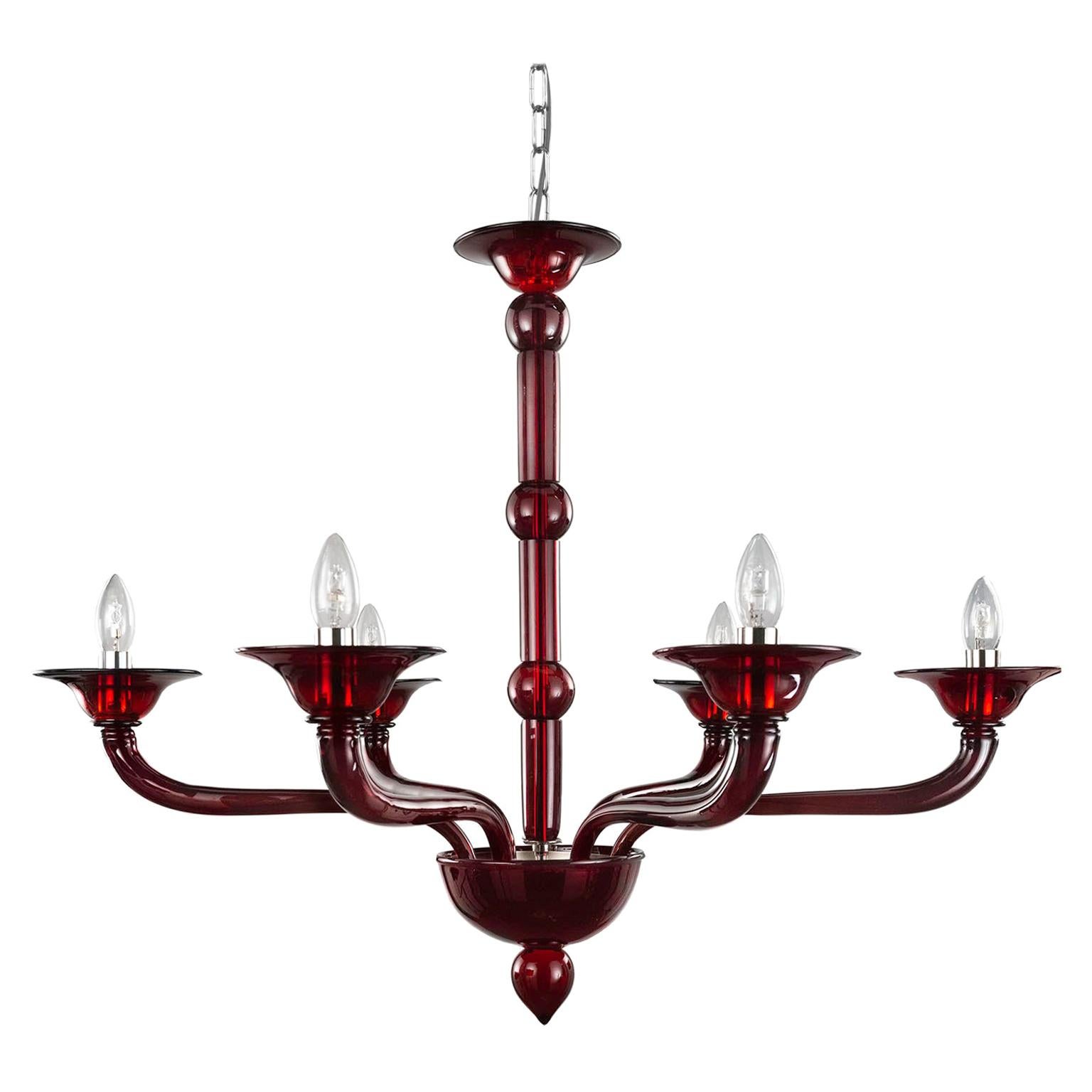 Contemporary Chandelier, 6 Arms Red Murano Glass by Multiforme in stock